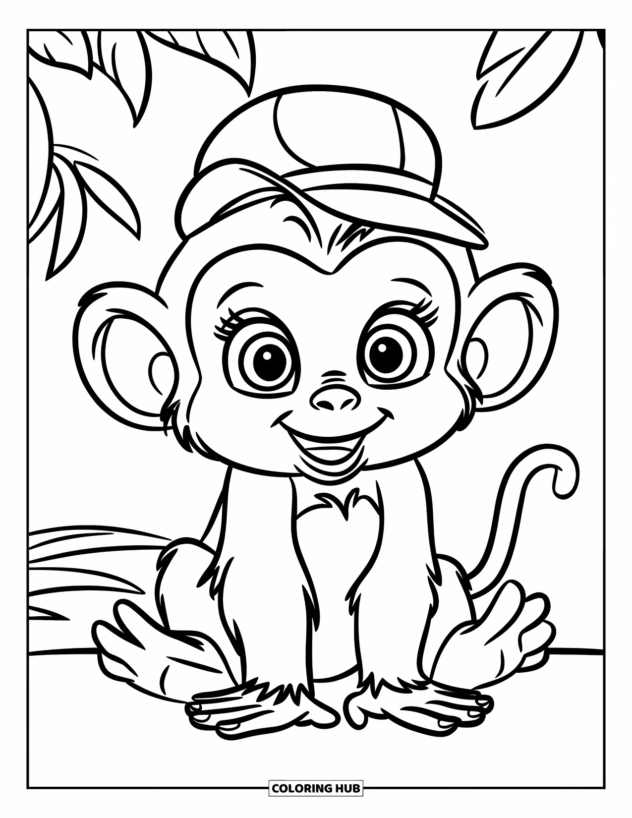 Affen Ausmalbild für Kinder: Ein Baby-Affe mit großen Ohren sitzt mit großen Augen und einem winzigen Hut da