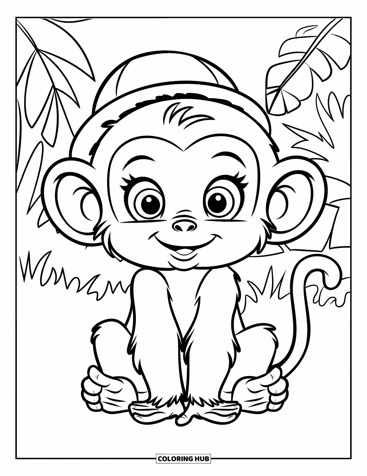 Affen Ausmalbild für Kinder: Ein Baby-Affe mit runden Ohren und einem kleinen Hut ruht in einer Dschungelkulisse