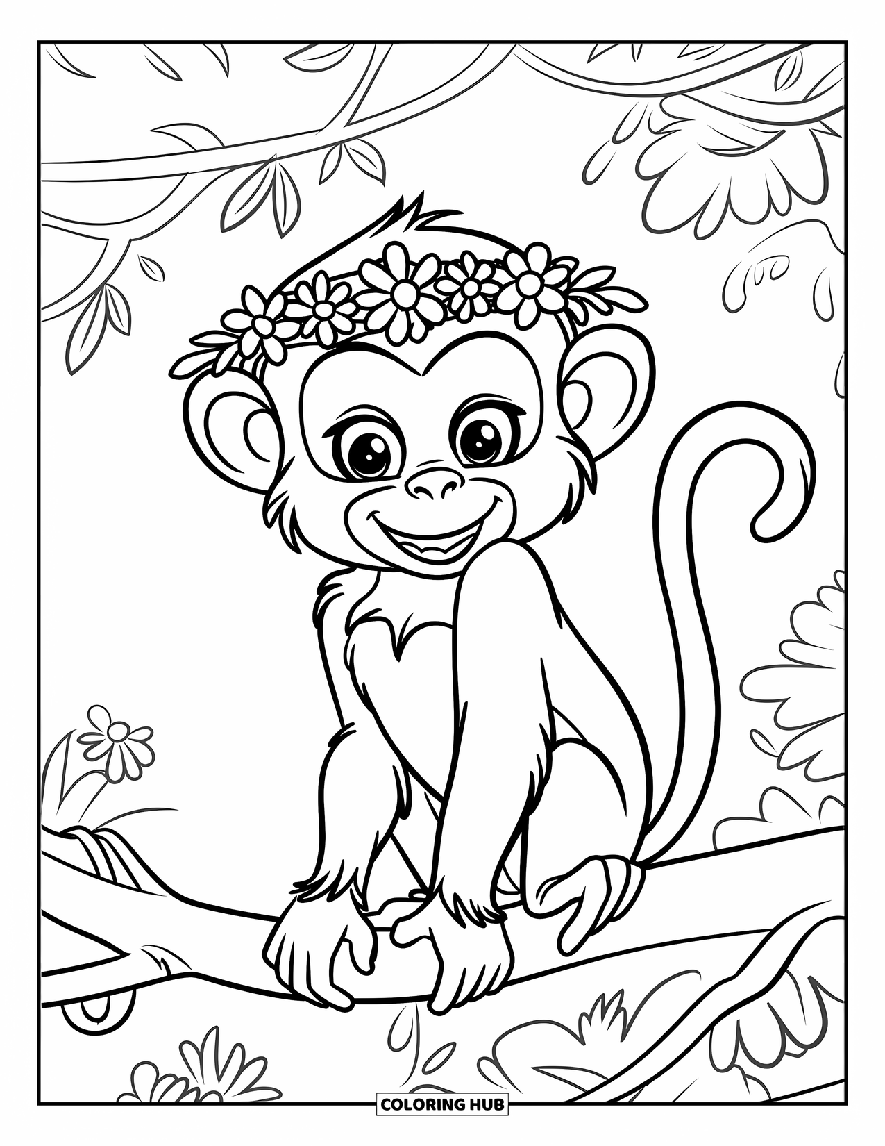 Affen Ausmalbild für Kinder: Ein frecher Affe mit einem Blumenkranz lächelt, während er auf einem Ast sitzt