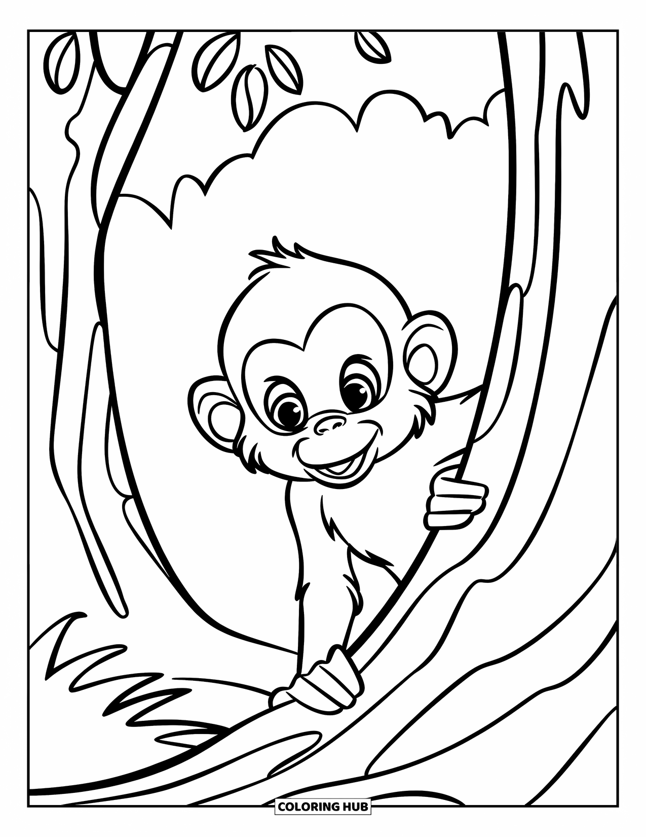 Affen Ausmalbild für Kinder: Ein fröhlicher Affe versteckt sich hinter einem Baumstamm in einer einfachen, verspielten Waldszene