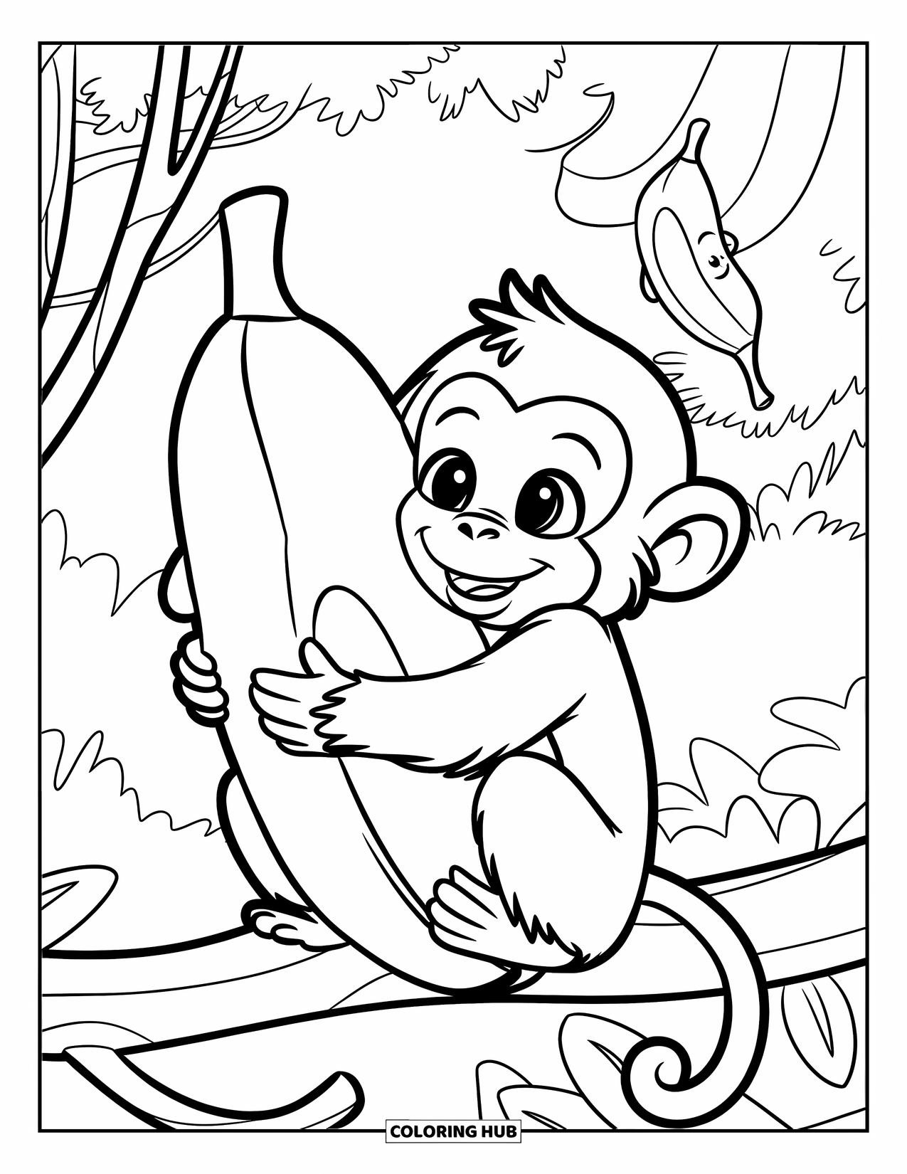 Affen Ausmalbild für Kinder: Ein süßer Affe umarmt ein großes Bananen-Plüschtier, während er auf einem Ast sitzt