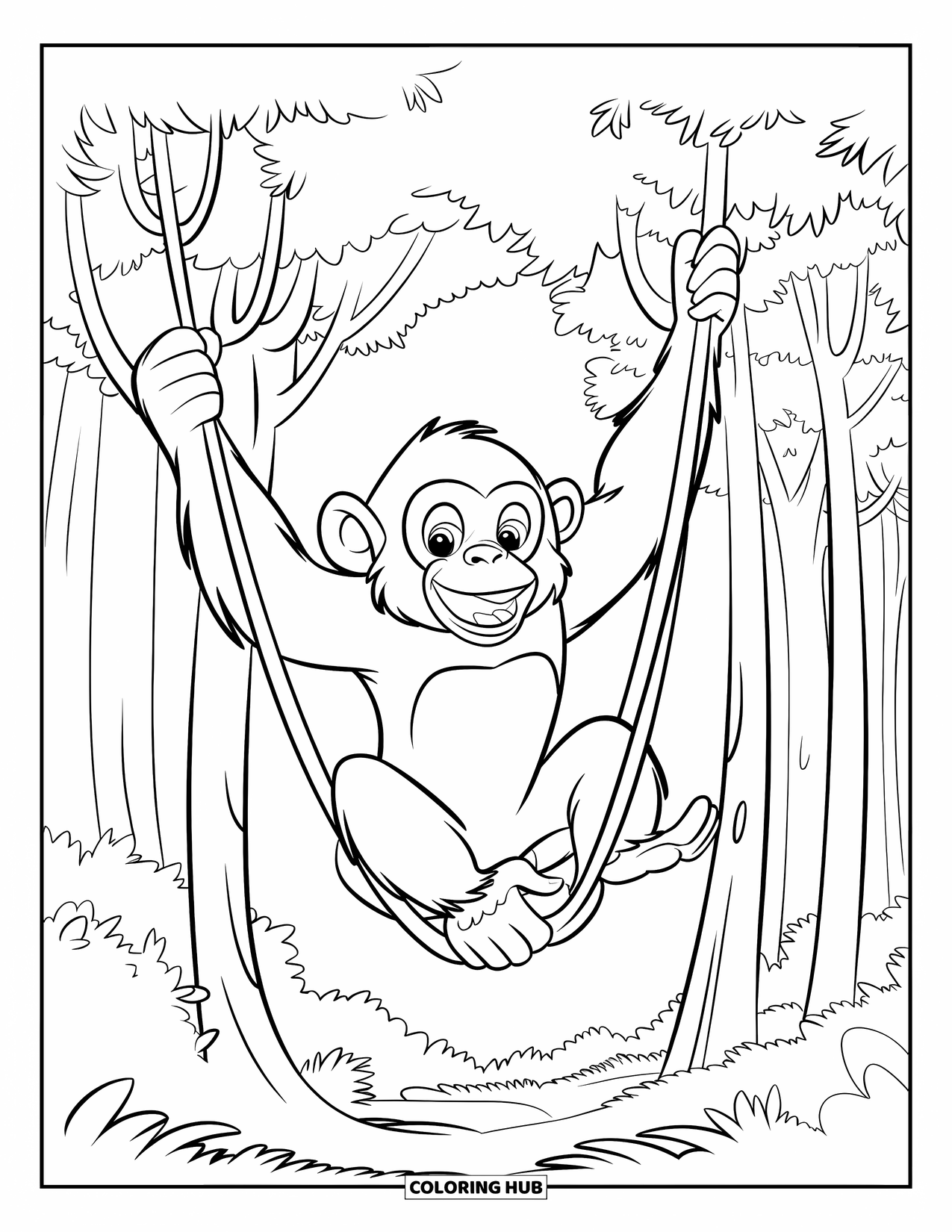 Affen Ausmalbild für Kinder: Ein grinsender Schimpanse schwingt mit großen Augen und grünen Baumkronen zwischen Dschungelbäumen