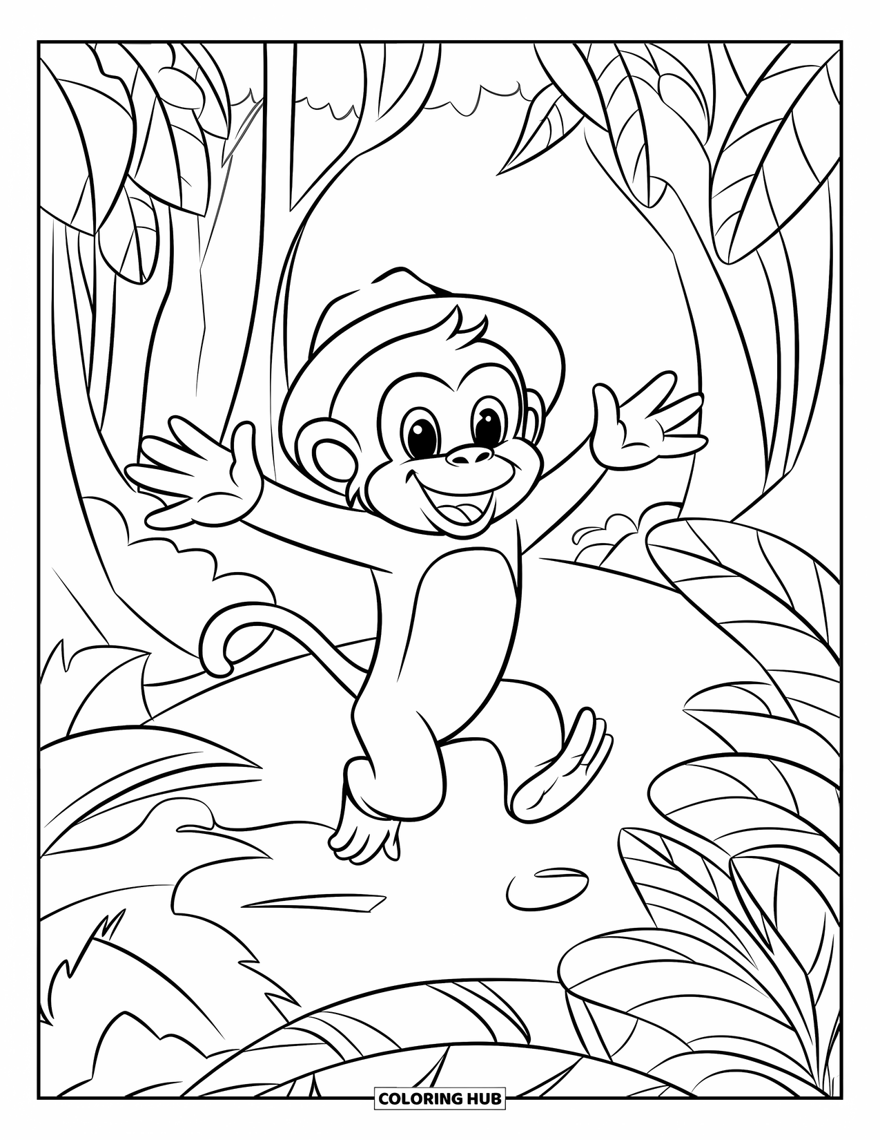 Affen Ausmalbild für Kinder: Ein glücklicher Affe springt mit einem breiten Grinsen auf einem grünen Dschungelpfad