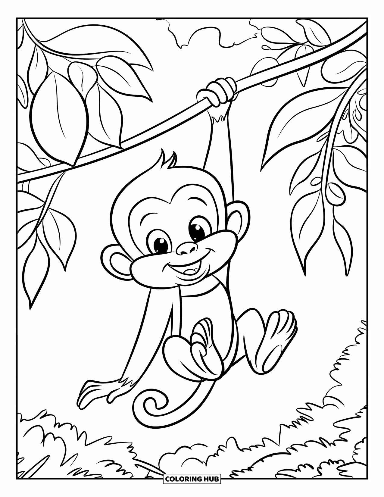 Affen Ausmalbild für Kinder: Ein glücklicher Affe schwingt an einer grünen Liane und trägt ein süßes grünes Outfit
