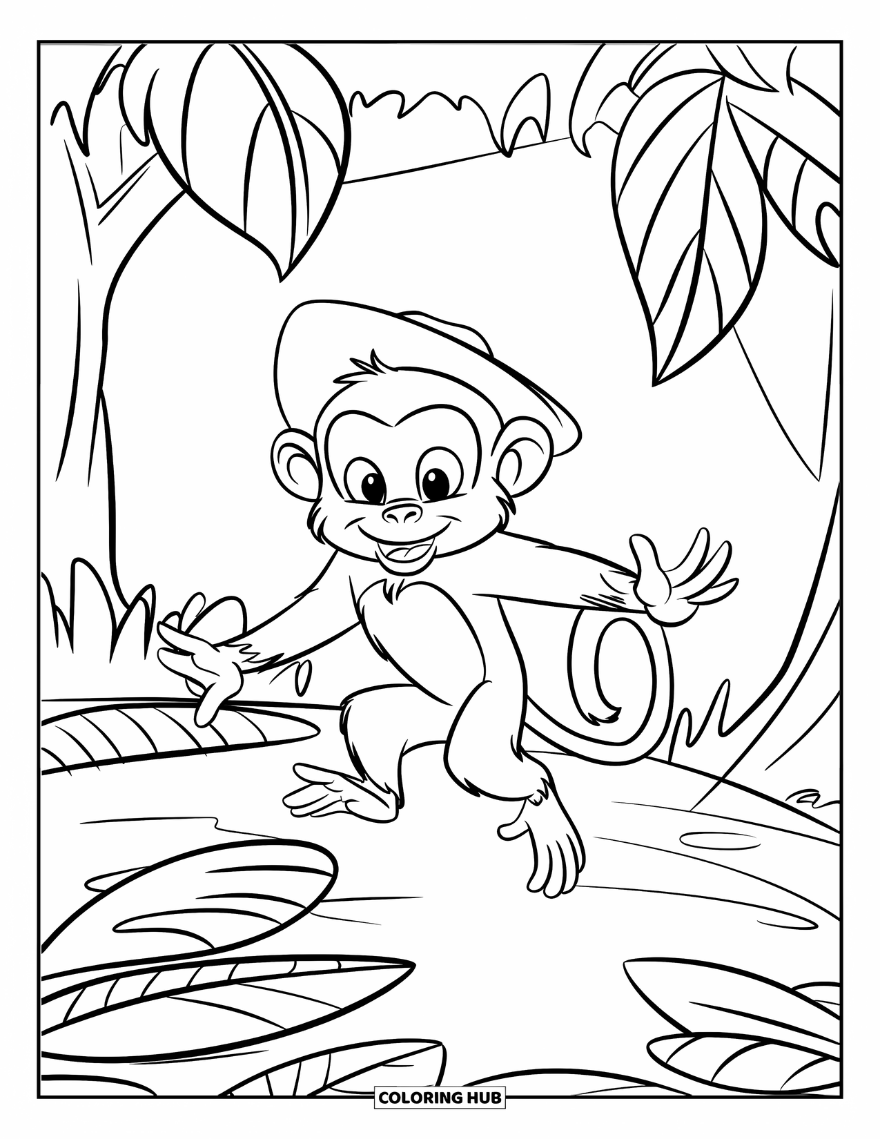 Affen Ausmalbild für Kinder: Ein fröhlicher Affe springt einen Dschungelpfad entlang, der mit großen grünen Bäumen gesäumt ist
