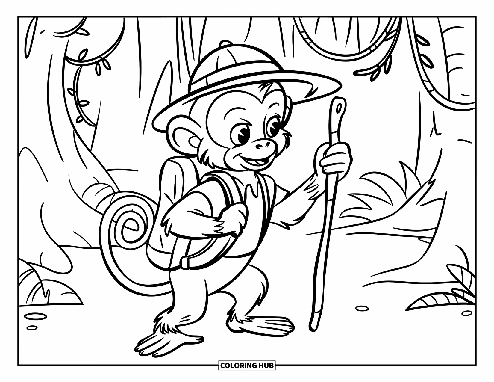 Affen Ausmalbild für Kinder: Ein Dschungel-Entdecker-Affe mit einem Stock und einem Helm geht durch dichte Bäume und Lianen