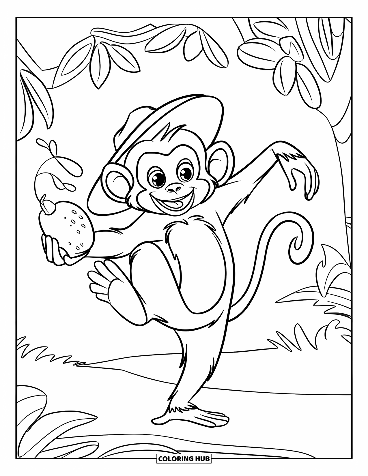 Affen Ausmalbild für Kinder: Ein Affe balanciert auf einem Fuß mit einer Frucht und einem breiten Lächeln