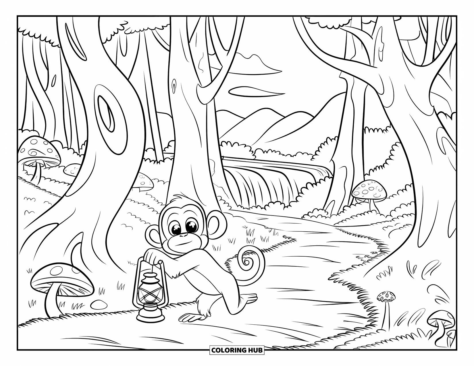 Affen Ausmalbild für Kinder: Ein Affe erkundet einen Waldweg mit einer Laterne, Pilzen und einem entfernten Wasserfall