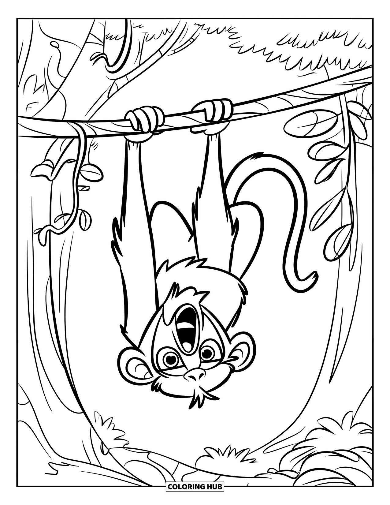 Affen Ausmalbild für Kinder: Ein Affe hängt kopfüber an einer Liane mit einem breiten, fröhlichen Grinsen