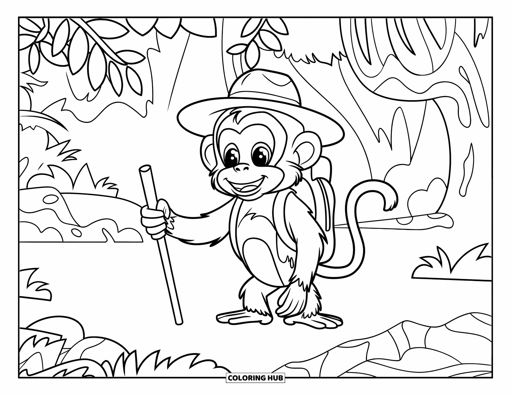 Affen Ausmalbild für Kinder: Ein Affe mit Rucksack und Hut steht in einem Dschungel voller Felsen und Bäume