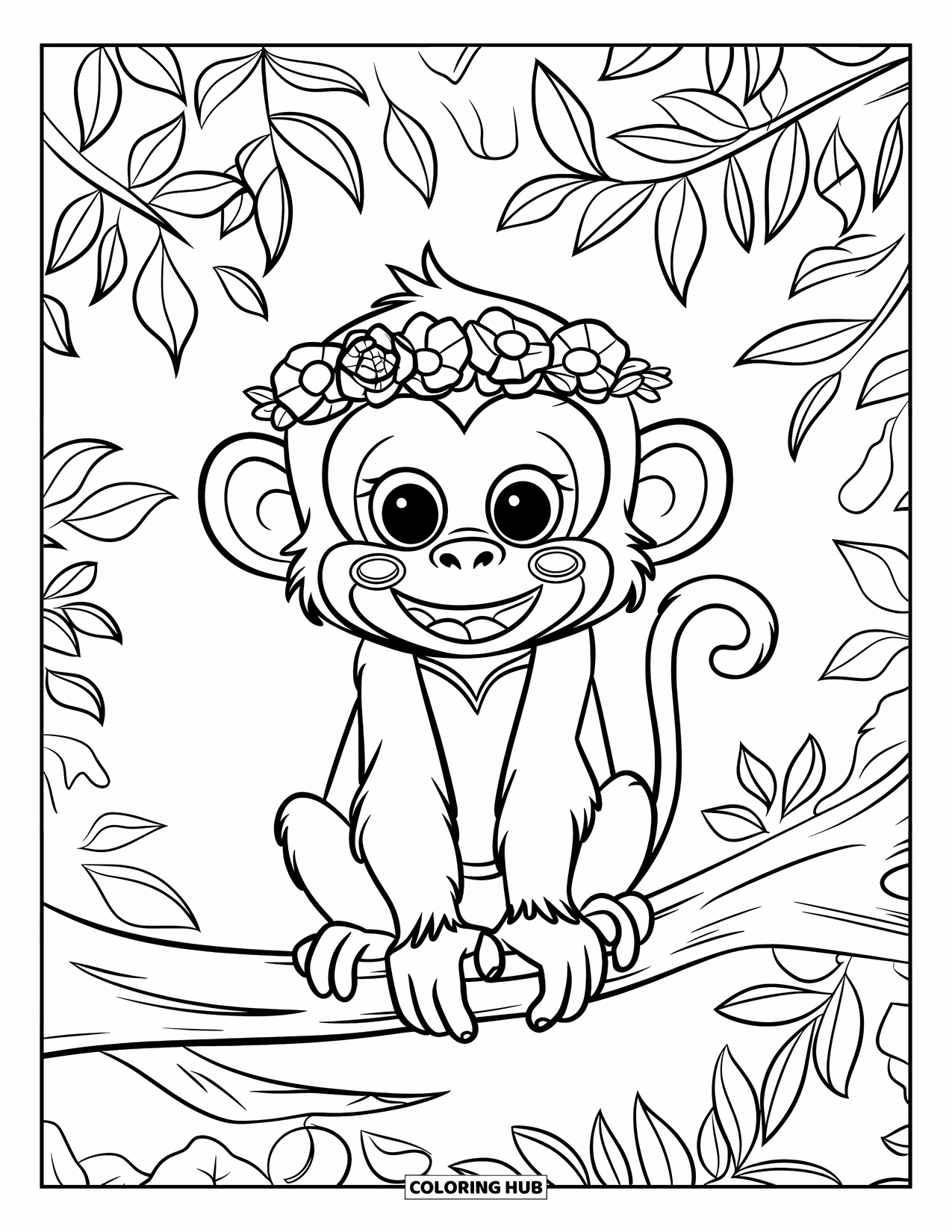 Affen Ausmalbild für Kinder: Ein Affe mit einem Blumenkranz und einer Weste sitzt auf einem gewundenen Ast im Wald