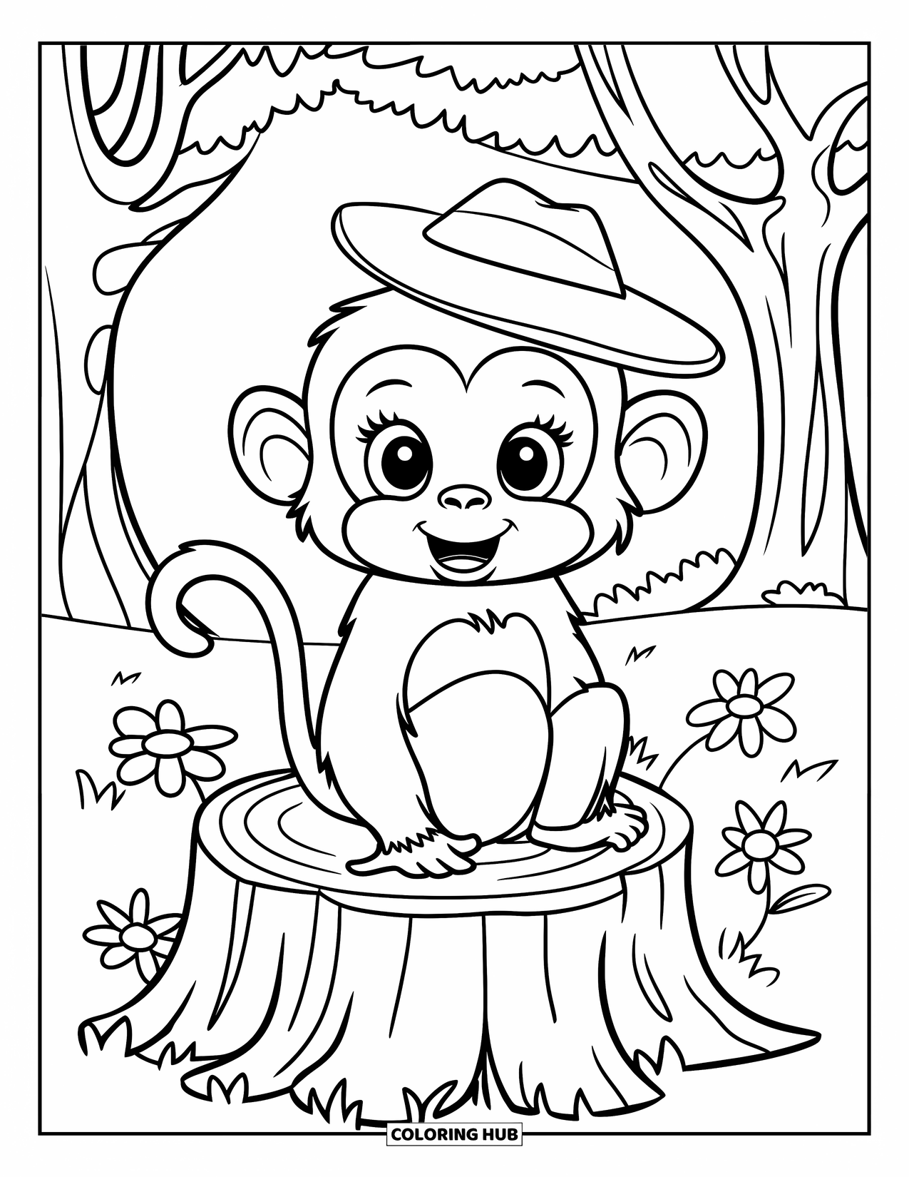 Affen Ausmalbild für Kinder: Ein Affe mit einem grünen Hut ruht auf einem blumenbedeckten Baumstumpf zwischen Bäumen