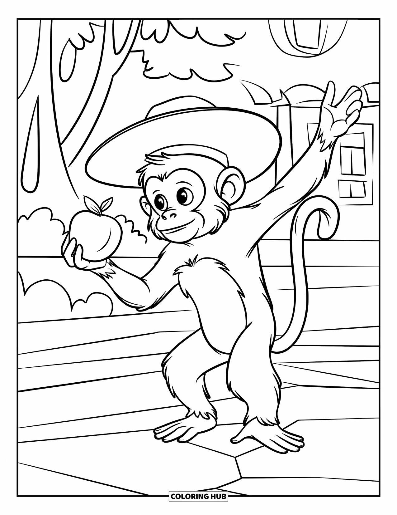 Affen Ausmalbild für Kinder: Ein Affe mit einem Hut steht auf einem Fuß und hält eine Frucht neben einem Wald