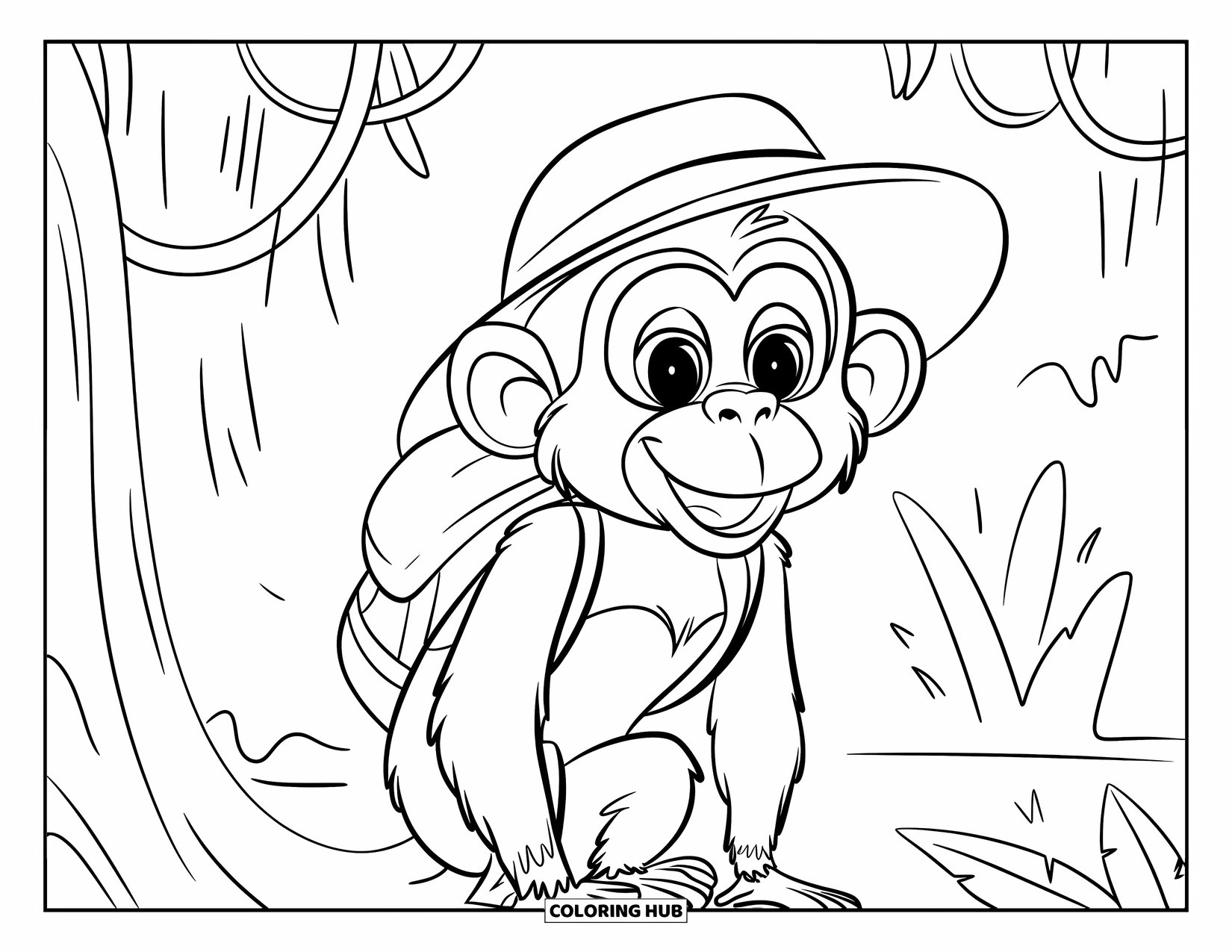 Affen Ausmalbild für Kinder: Ein Affe in einem Dschungel-Outfit erkundet Bäume und Lianen wie ein kleiner Abenteurer