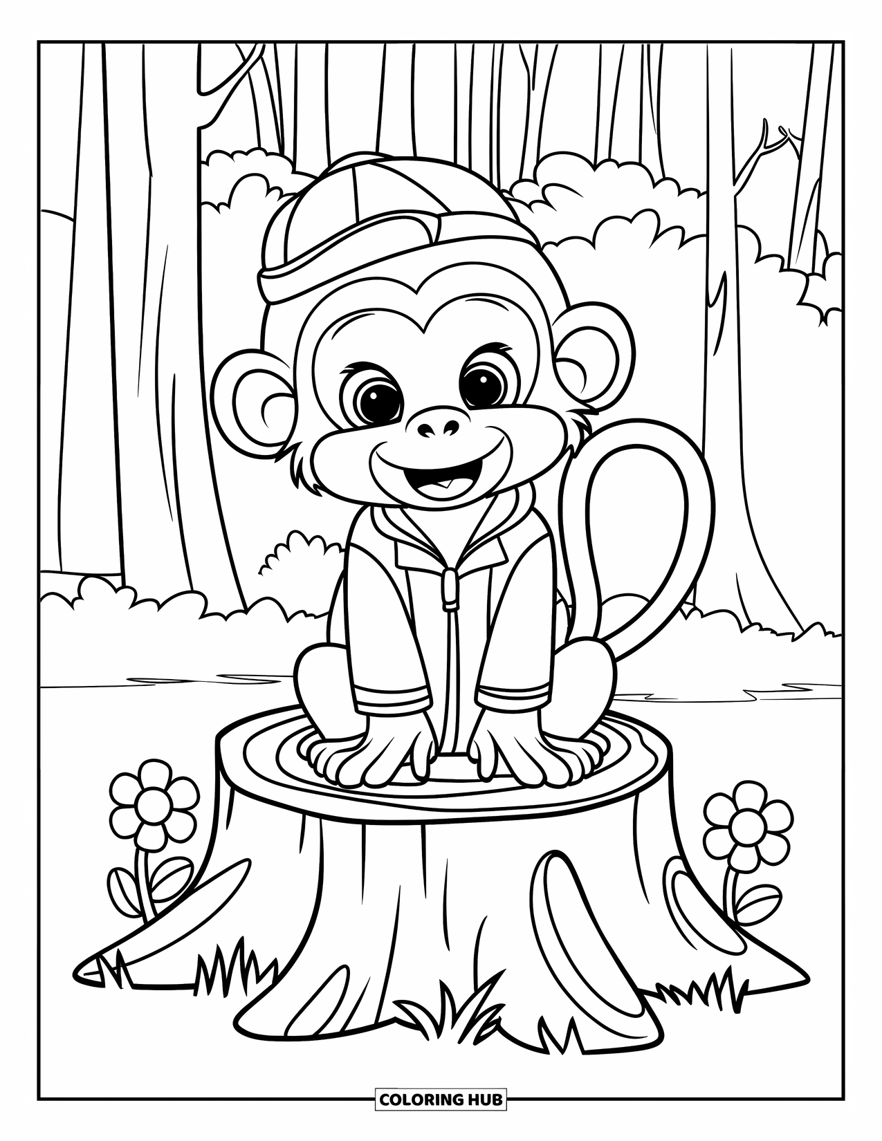 Affen Ausmalbild für Kinder: Ein Affe mit einem roten Hut und einer grünen Jacke sitzt glücklich mit Blumen auf einem Baumstumpf