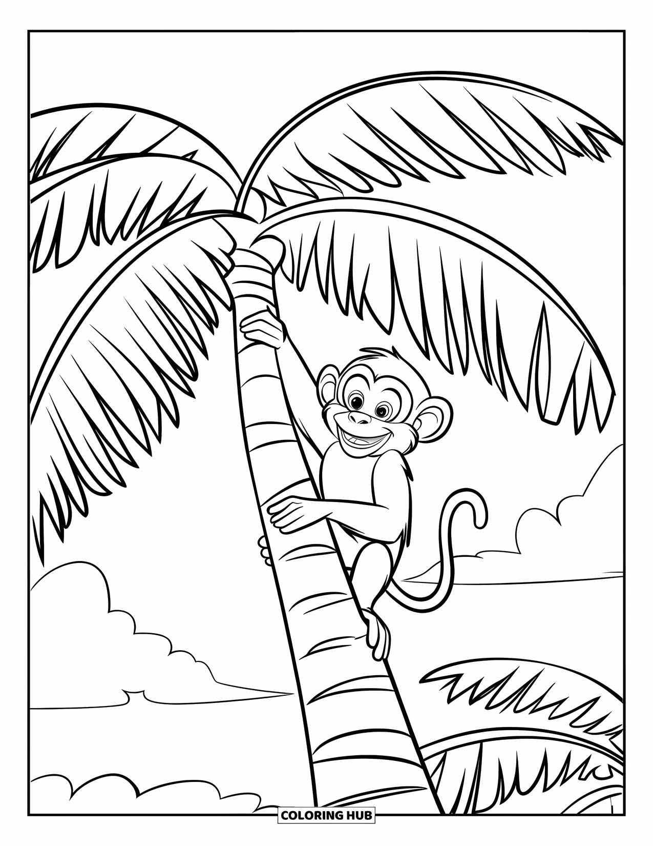 Affen Ausmalbild für Kinder: Ein Affe in einem roten Hemd klettert unter einem hellen, sonnigen Himmel auf eine Kokospalme