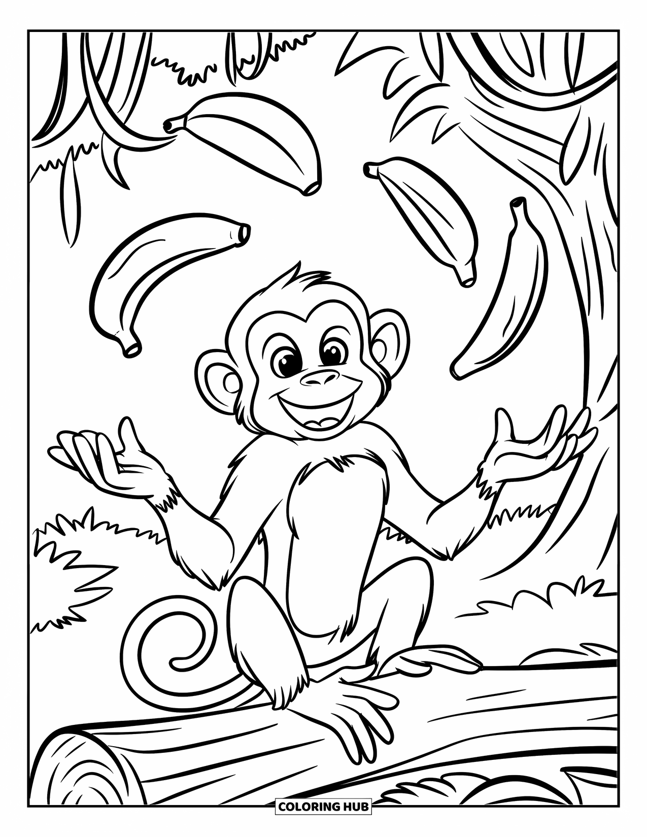 Affen Ausmalbild für Kinder: Ein Affe jongliert mit einem Grinsen Bananen, während er auf einem Dschungelstamm sitzt