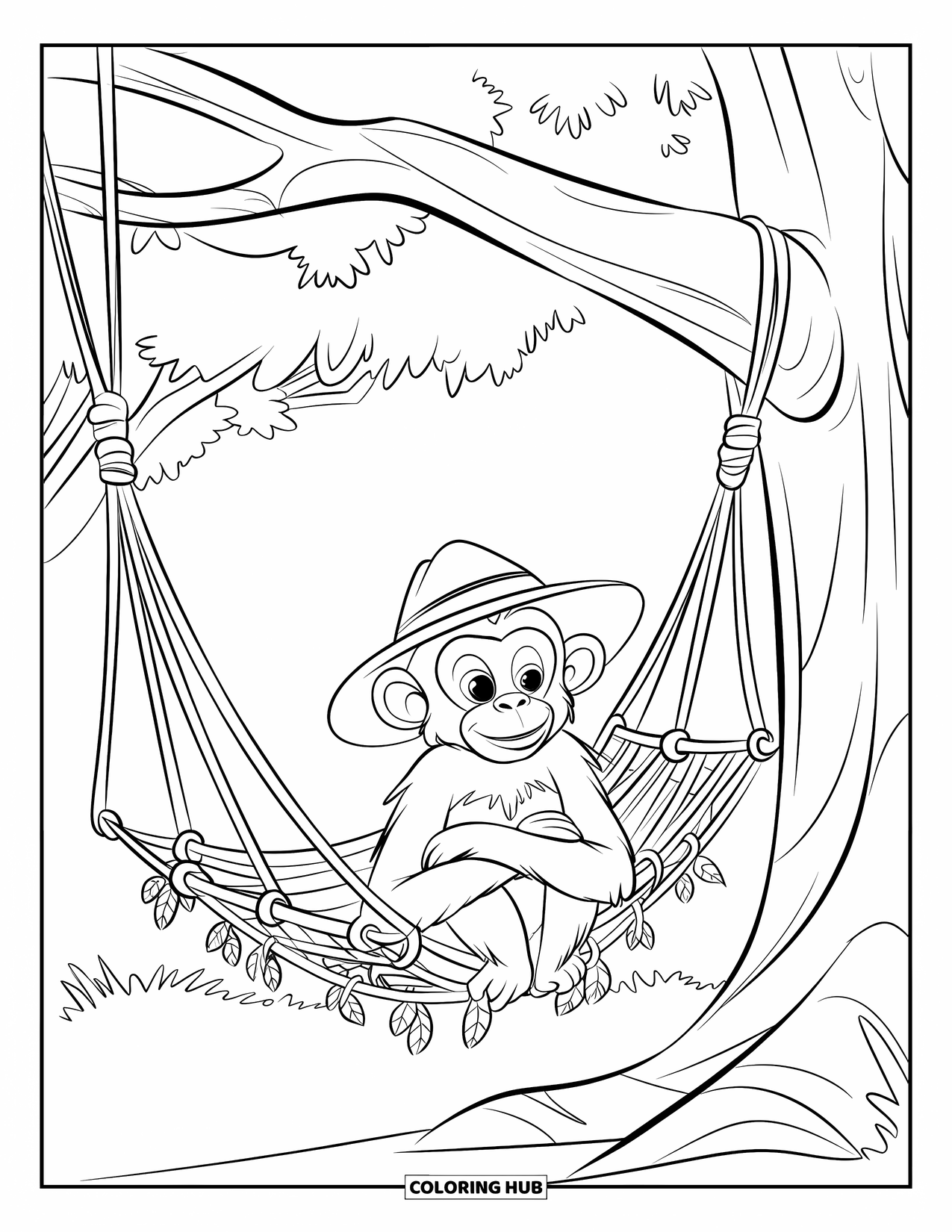 Affen Ausmalbild für Kinder: Ein Affe lümmelt in einer Lianen-Hängematte, trägt einen grünen Hut und verschränkt die Arme