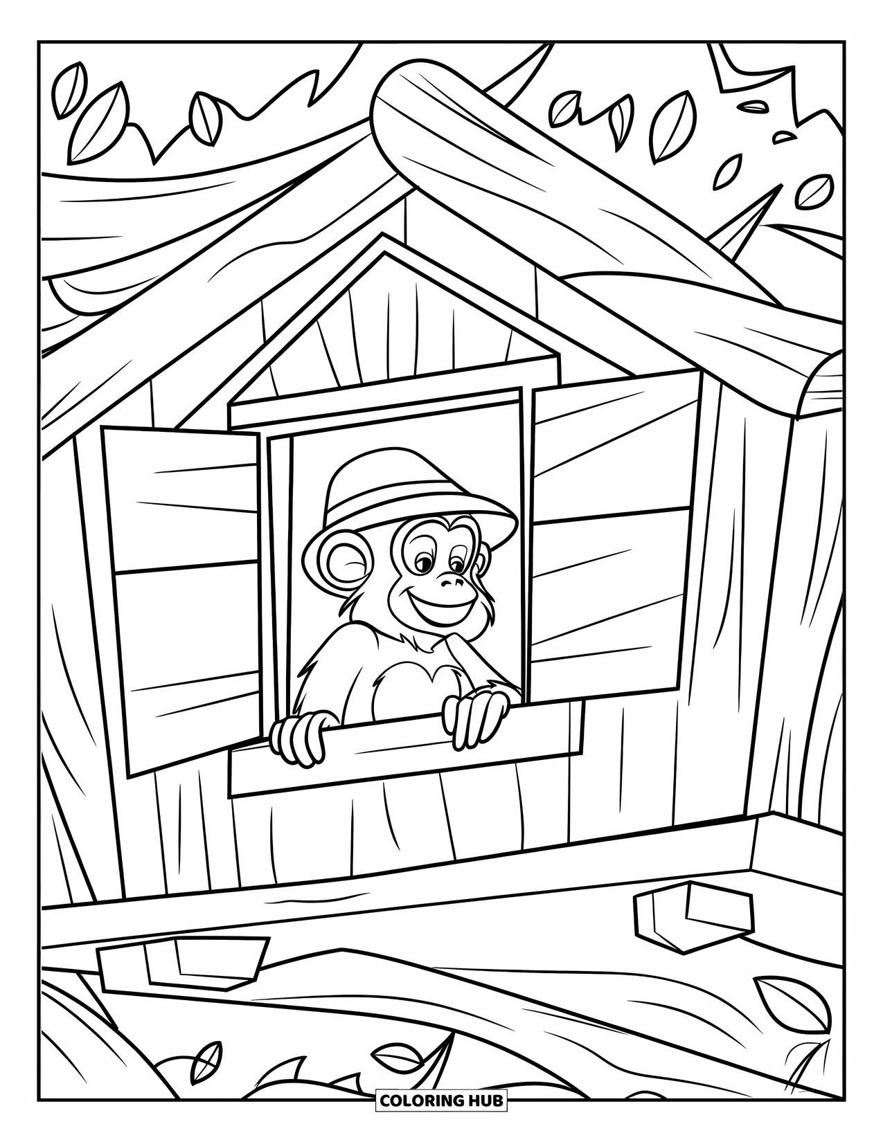 Affen Ausmalbild für Kinder: Ein Affe sitzt in einem gemütlichen Baumhaus und blickt aus seinem grünen Versteck