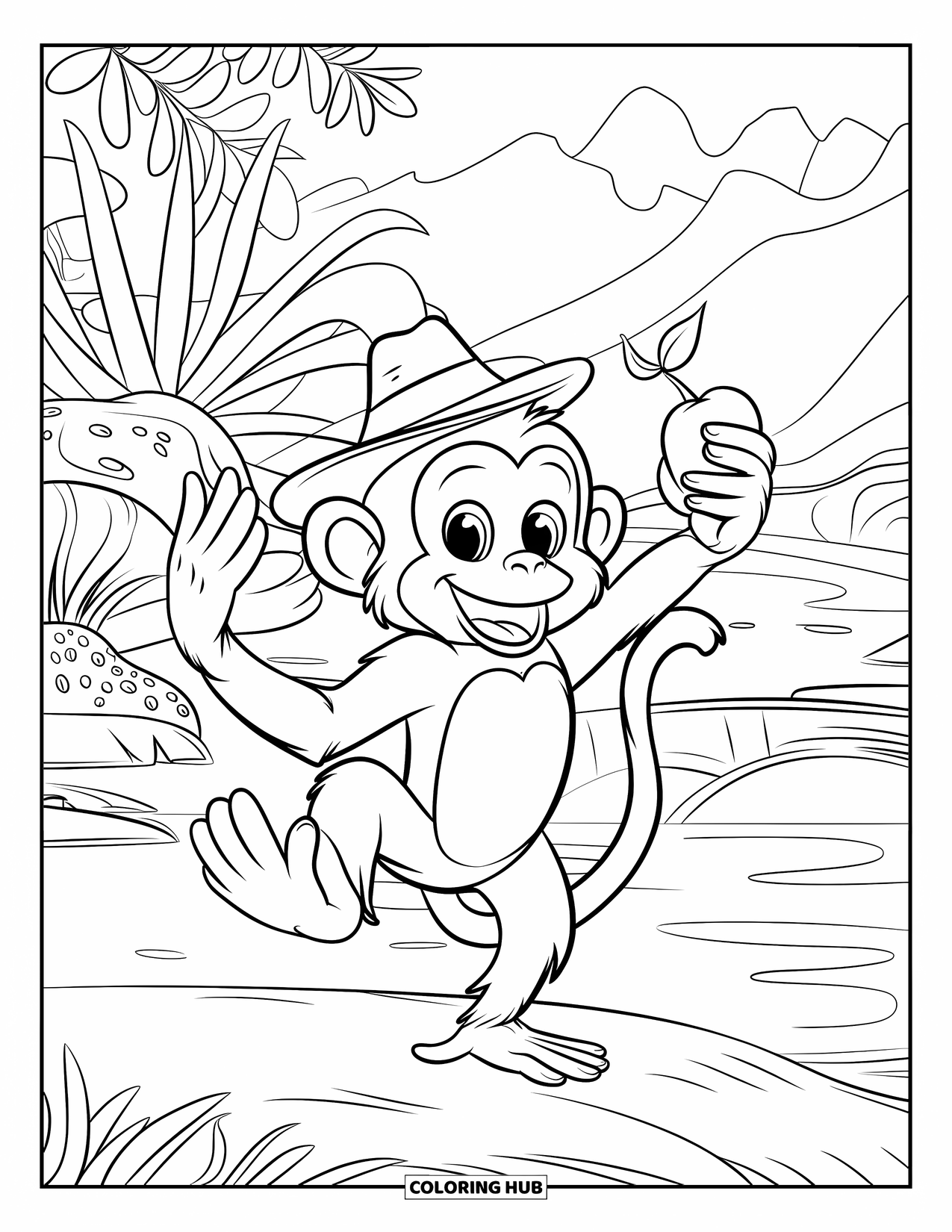 Affen Ausmalbild für Kinder: Ein Affe lächelt breit, während er mit einer Frucht in der Nähe von Bergen und Wasser balanciert