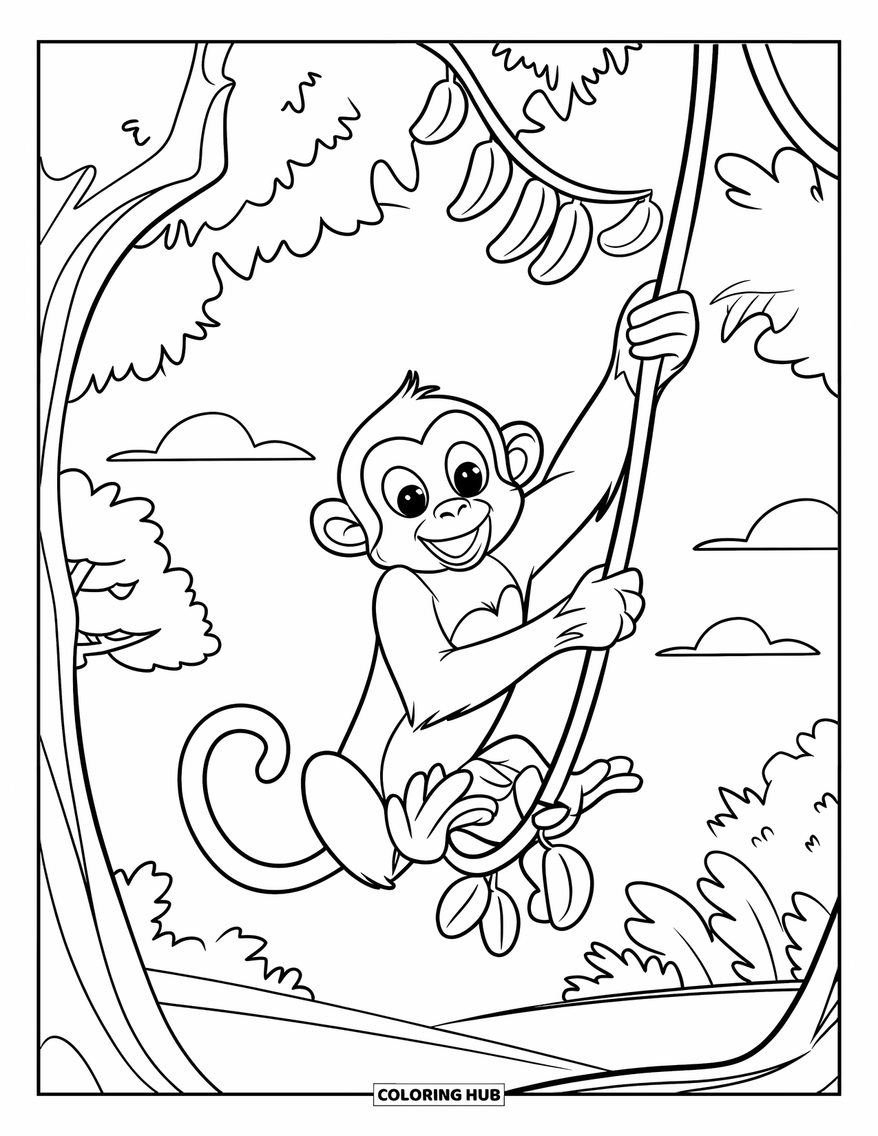 Affen Ausmalbild für Kinder: Ein Affe schwingt zwischen Bäumen und zieht Bananen durch den grünen Wald