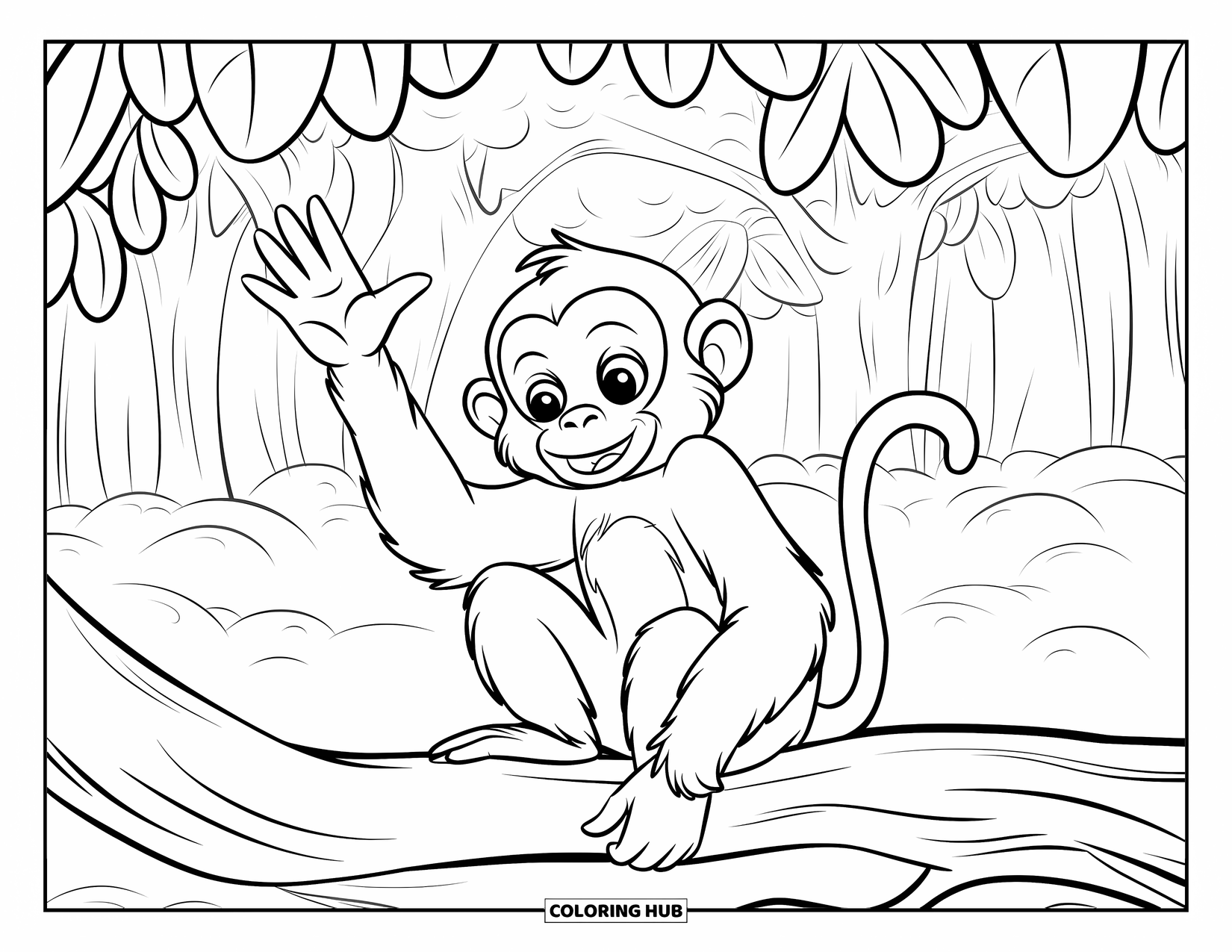 Affen Ausmalbild für Kinder: Ein Affe winkt von einem Waldast mit weichen Formen und grünen Bäumen