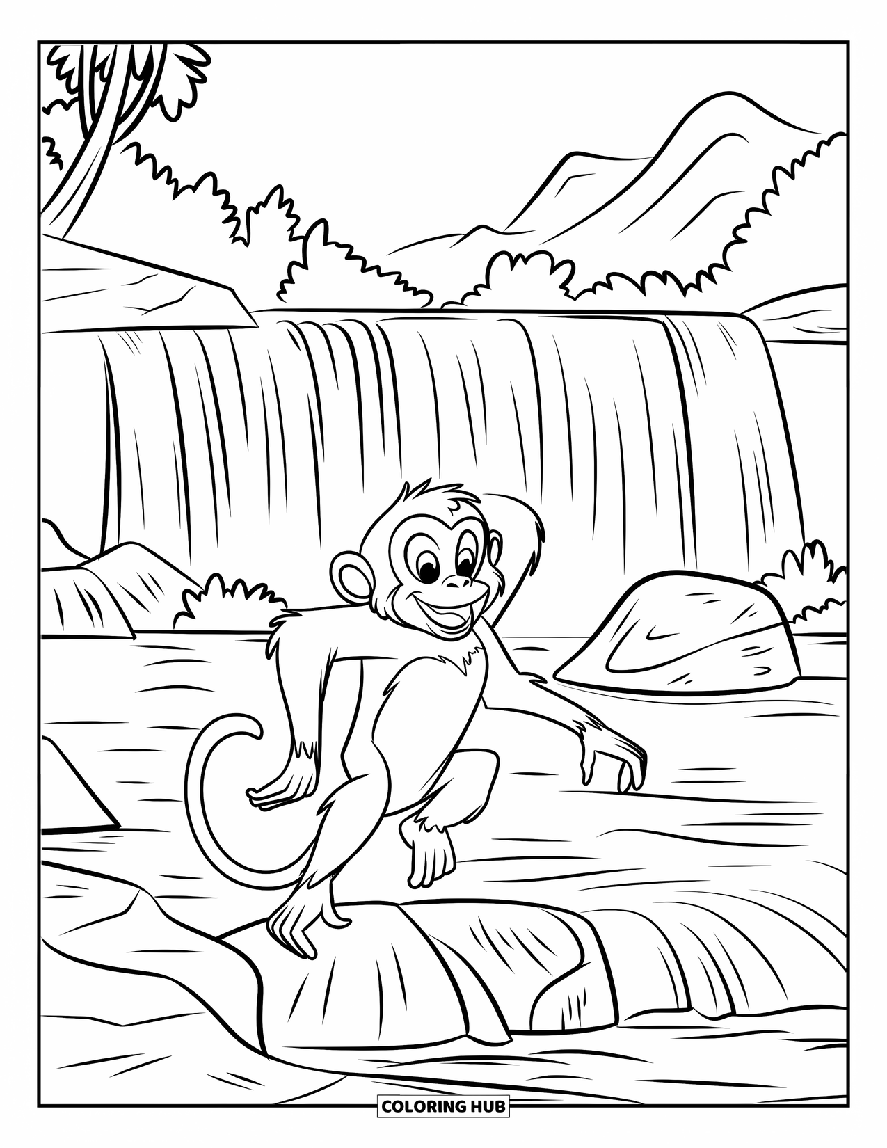 Affen Ausmalbild für Kinder: Ein Affe mit einem Grinsen springt zwischen Felsen und Bäumen an einem mehrstufigen Wasserfall