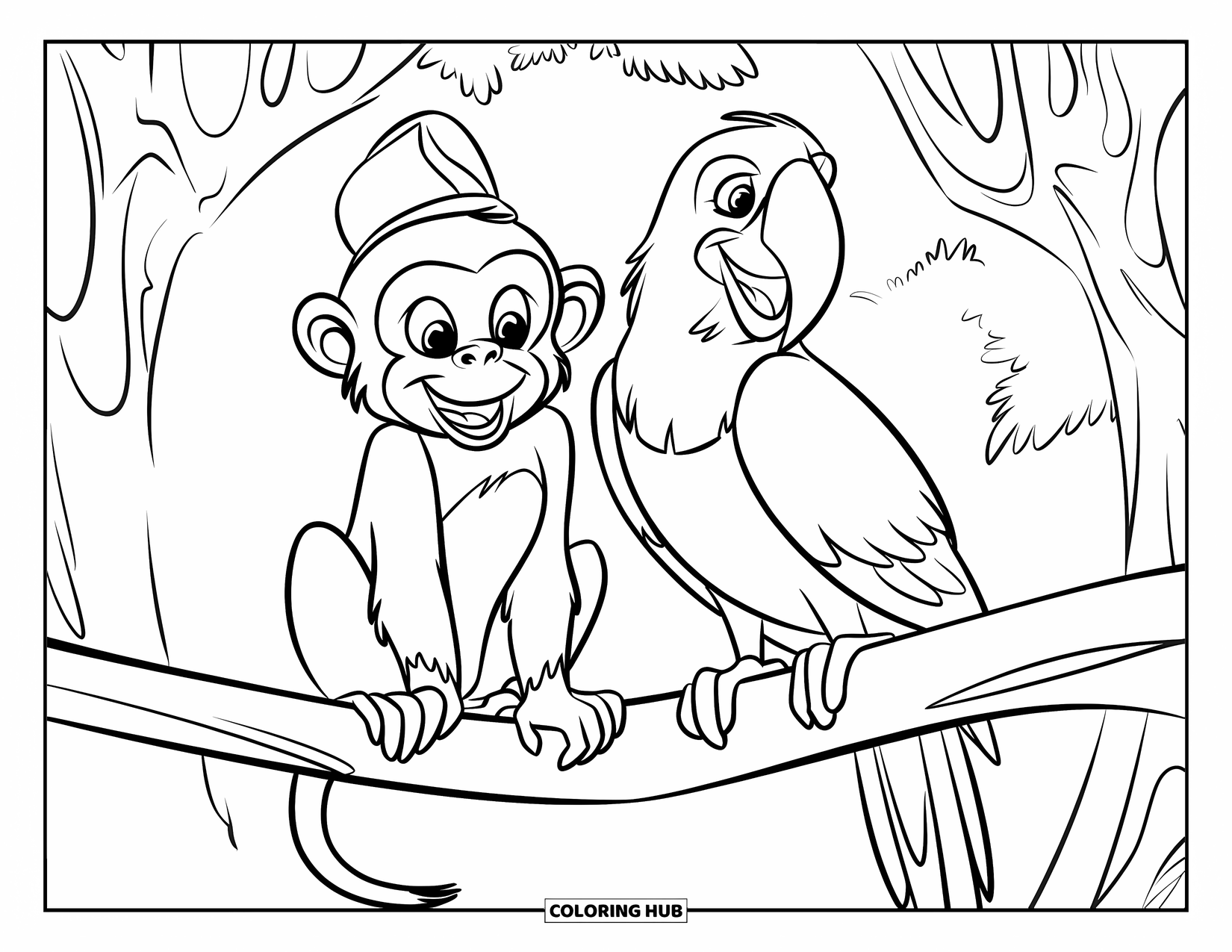 Affen Ausmalbild für Kinder: Ein Affe mit einem Hut und ein lächelnder Papagei teilen sich einen stabilen Ast im Dschungel