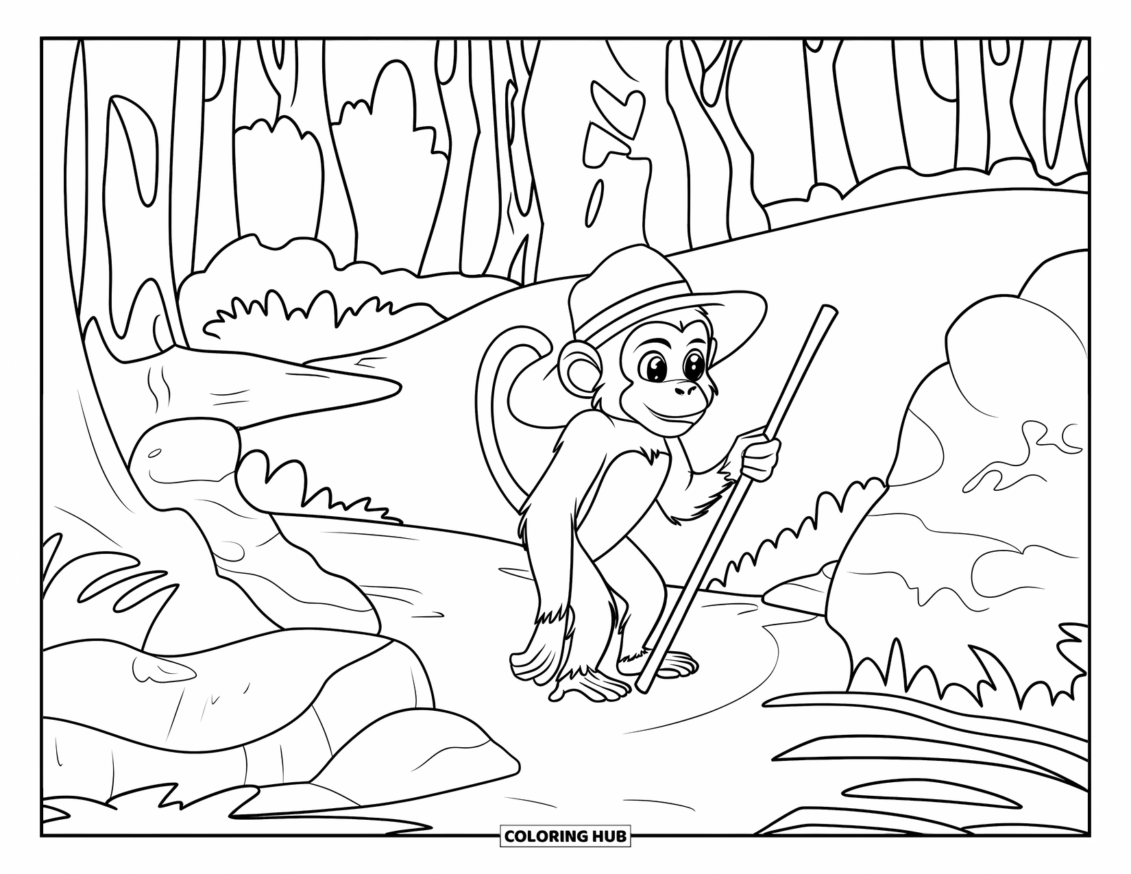 Affen Ausmalbild für Kinder: Ein Affe mit Hut und Stock erkundet einen ruhigen Waldweg, umgeben von Bäumen
