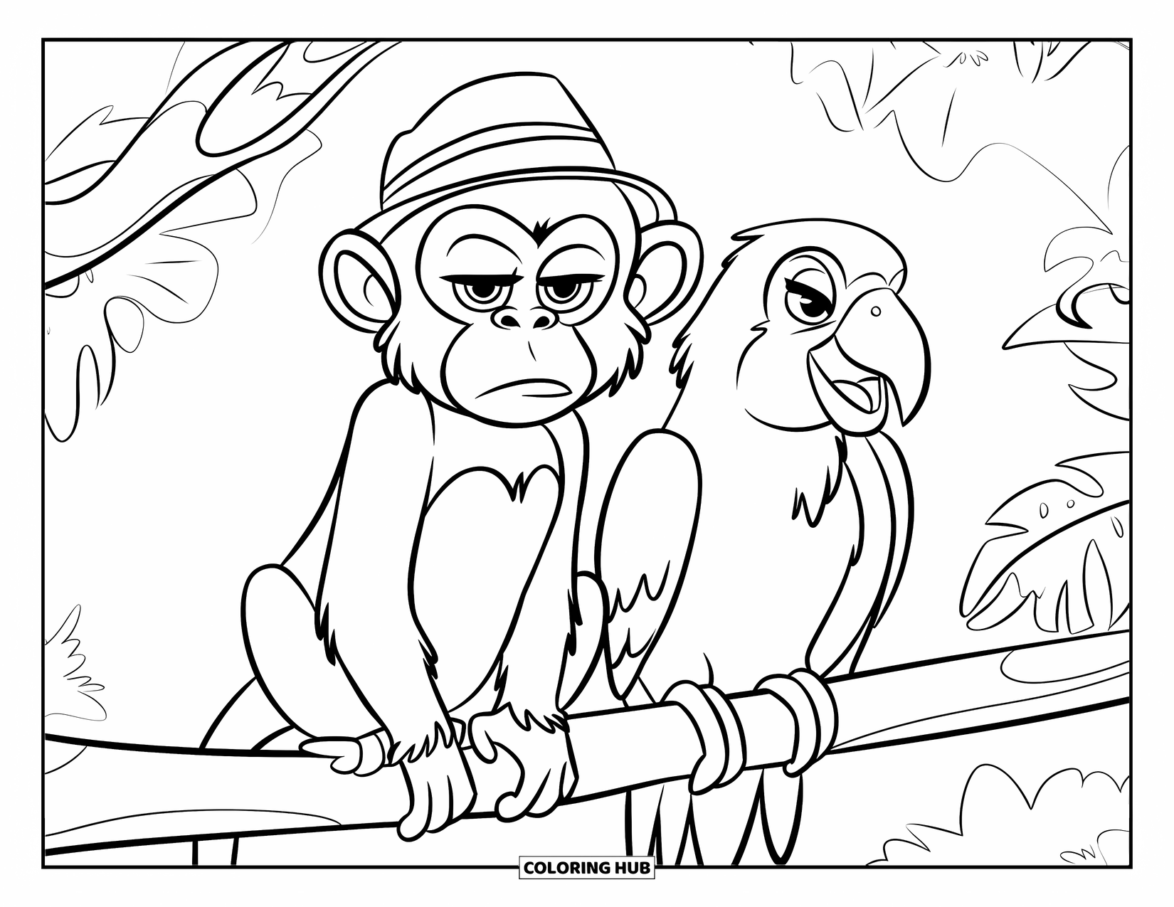 Affen Ausmalbild für Kinder: Ein Affe mit ernstem Gesicht sitzt neben einem geschwätzigen Papagei auf einem Waldast