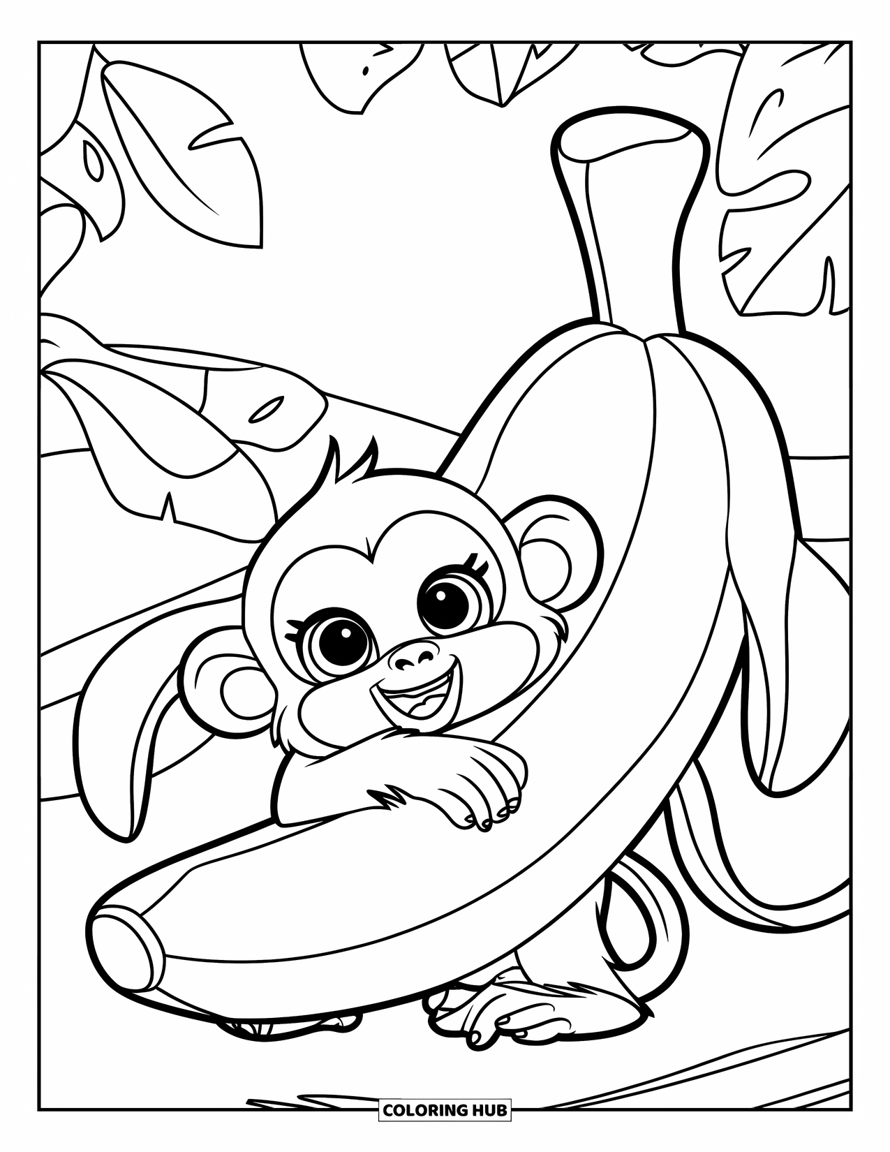 Affen Ausmalbild für Kinder: Ein Affe mit großen Augen umarmt ein Bananen-Plüschtier auf einem grünen Ast