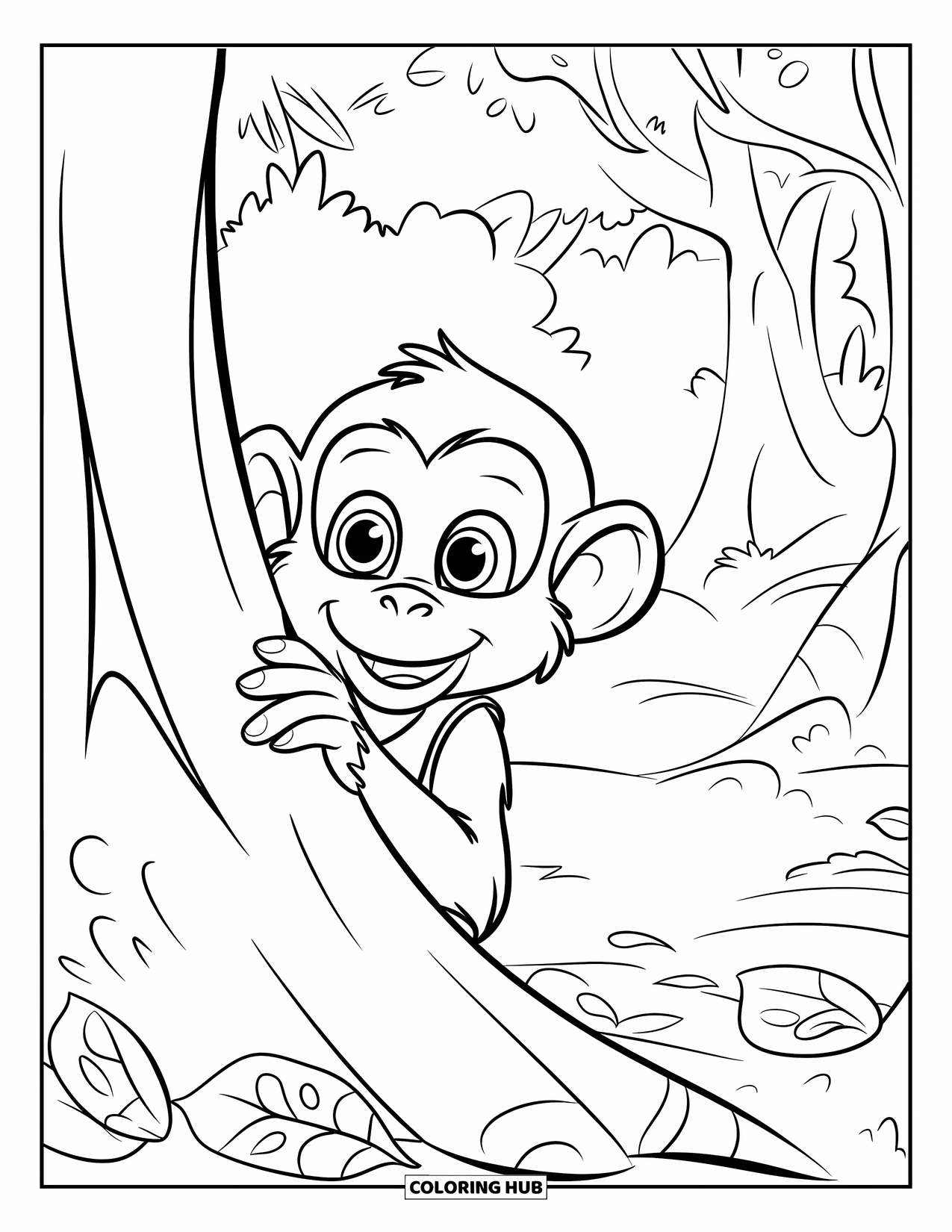 Affen Ausmalbild für Kinder: Ein Affe mit großen Augen lugt von einem gekrümmten Baum in einem Wald voller Bäume hervor