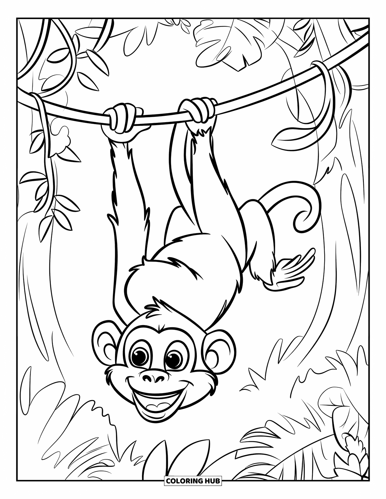 Affen Ausmalbild für Kinder: Ein Affe mit großen Augen schwingt kopfüber an einer grünen Liane