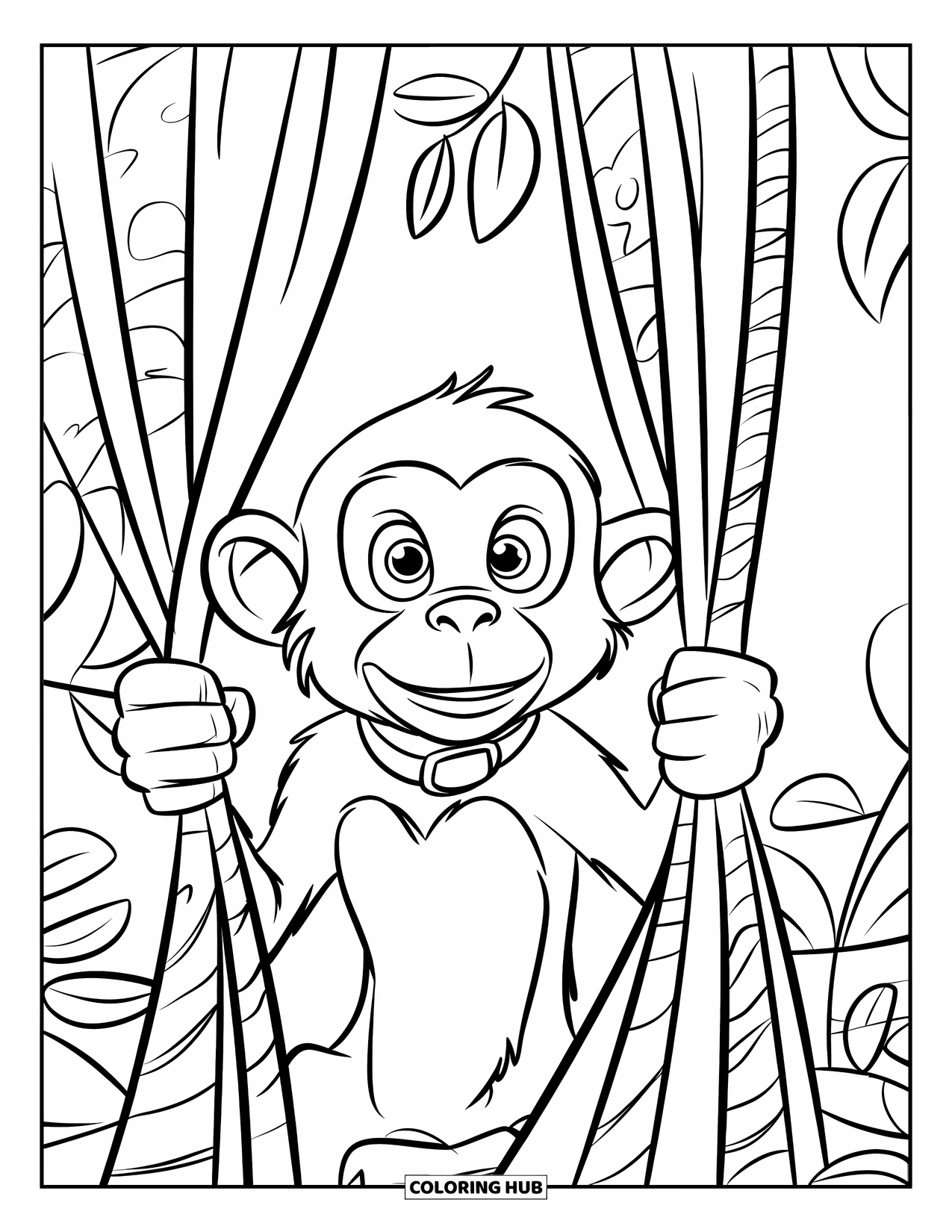 Affen Ausmalbild für Kinder: Ein Affe mit großen Augen lugt durch grüne Lianen und trägt ein weiches Halsband