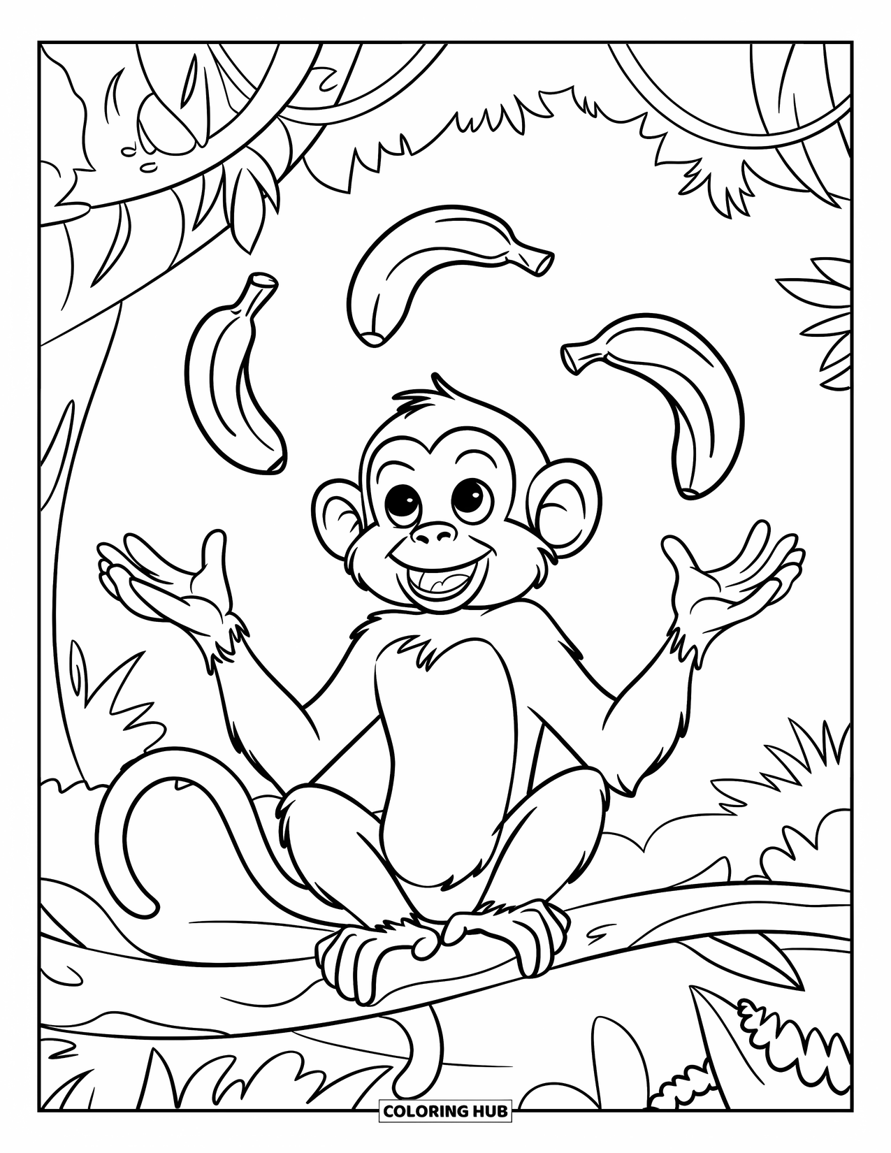 Affen Ausmalbild für Kinder: Ein lächelnder Affe balanciert Bananen auf einem Ast in einem üppigen Dschungel