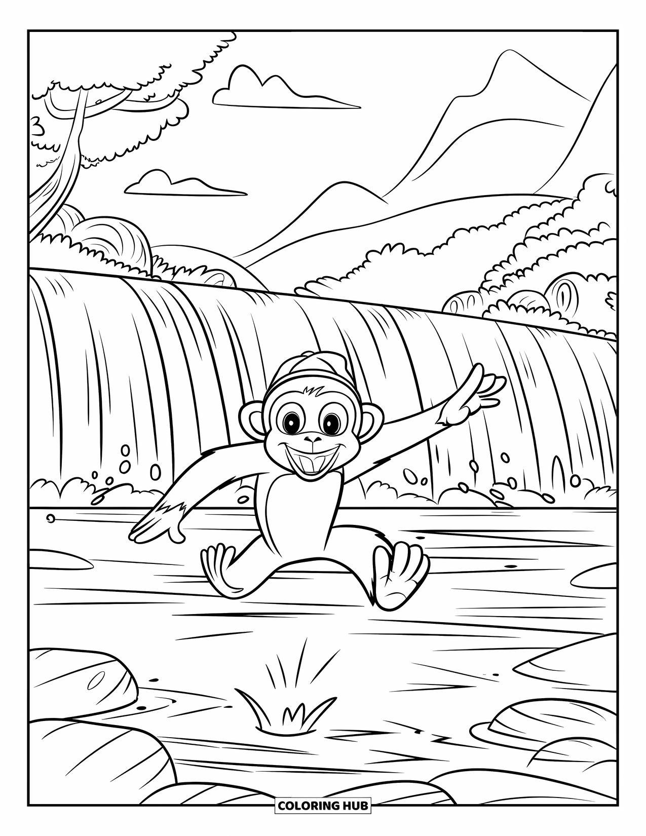 Affen Ausmalbild für Kinder: Ein lächelnder Affe springt in der Nähe eines nebligen Wasserfalls mit einem Hut und üppigem Dschungel