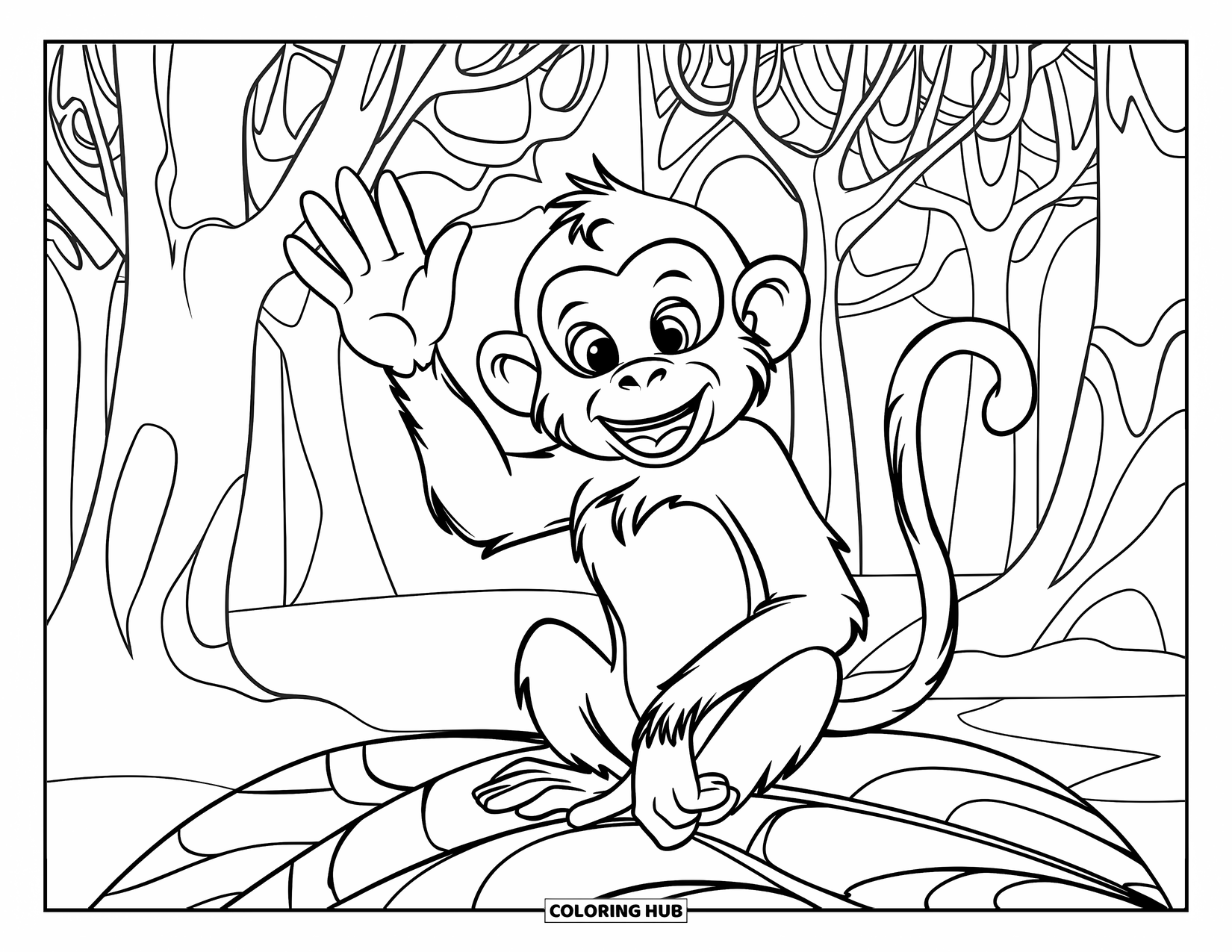 Affen Ausmalbild für Kinder: Ein lächelnder Affe sitzt auf einem Blatt und winkt aus einer Waldszene