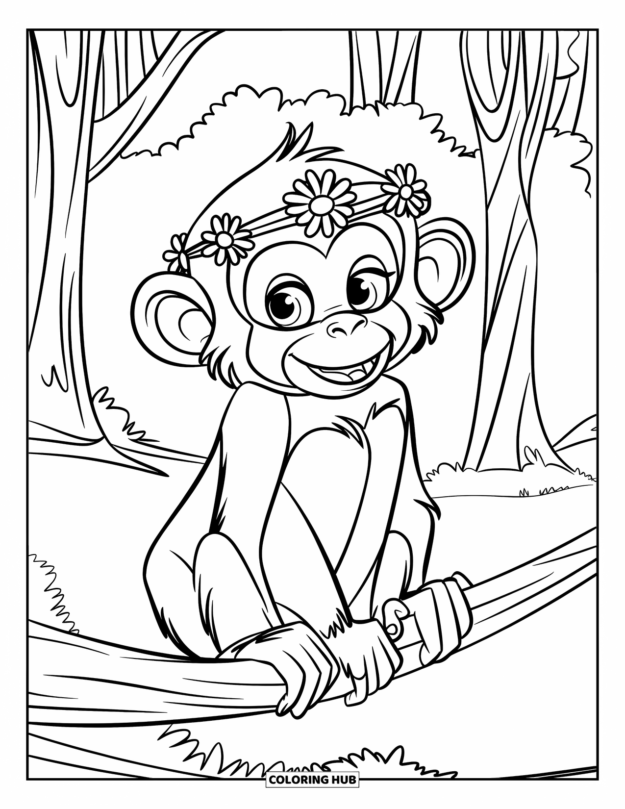 Affen Ausmalbild für Kinder: Ein lächelnder Affe mit einem Blumenkranz hängt an einem Ast in einem grünen Wald