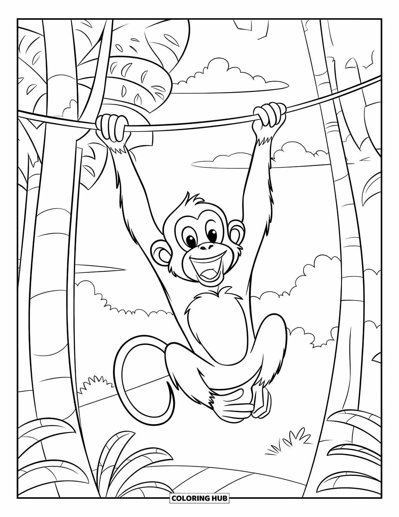 Affen Ausmalbild für Kinder: Ein Affe mit weitem Maul schwingt an einer Liane zwischen grünen Bäumen und bauschigen Wolken