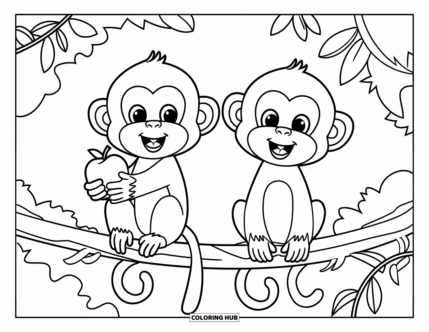 Affen Ausmalbild für Kinder: Zwei Affen sitzen auf einem mit Lianen bewachsenen Ast, einer hält einen glänzenden roten Apfel