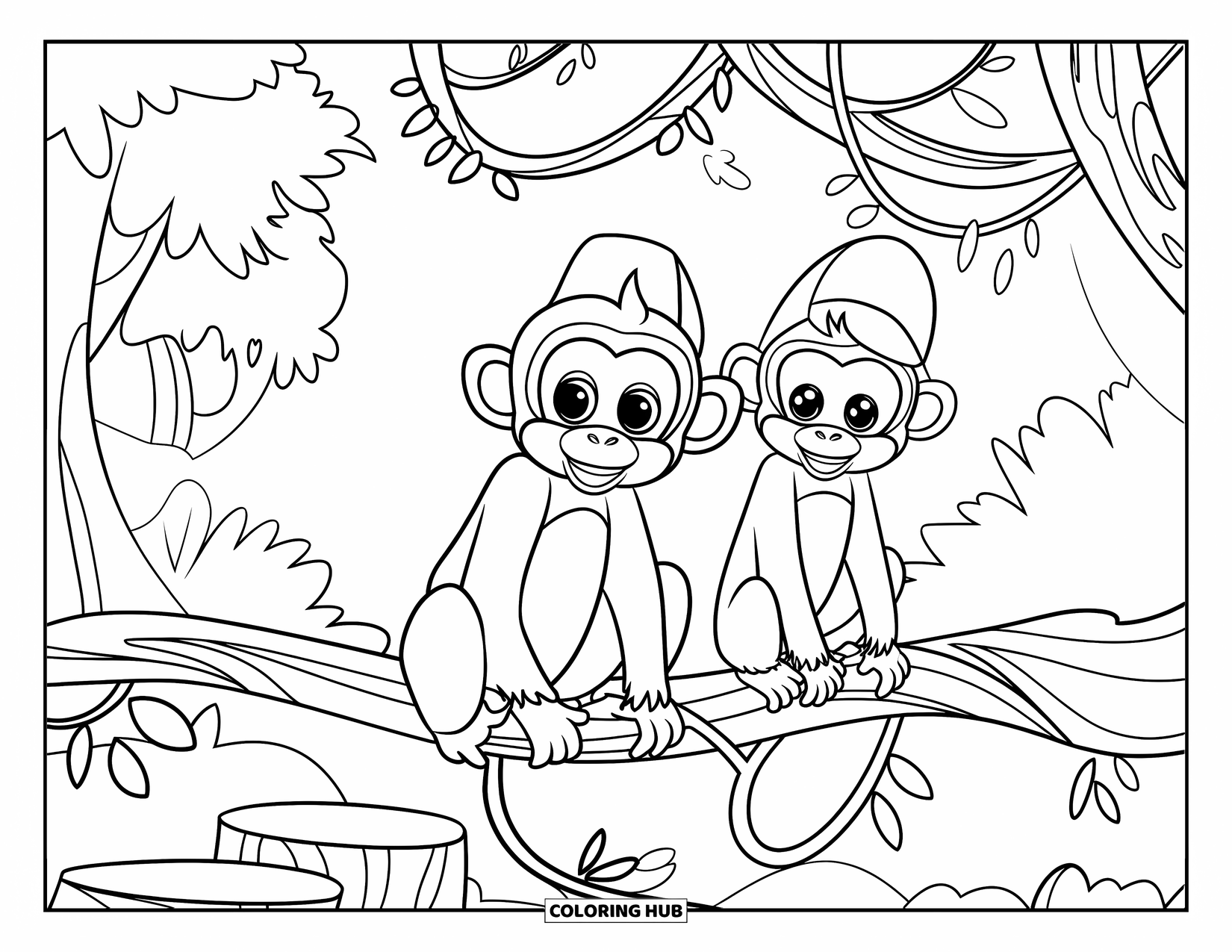 Affen Ausmalbild für Kinder: Zwei Affen mit Hüten sitzen auf einer Liane in der Nähe eines alten Steingebäudes im Wald