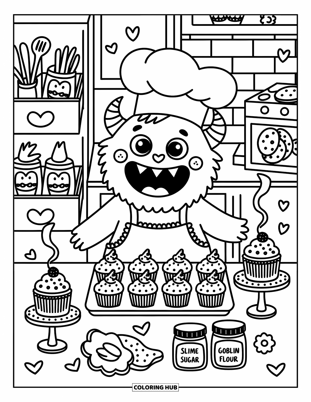 Dibujo de monstruo para colorear para adultos: Un monstruo panadero alegre glasea pastelitos en una cocina acogedora llena de frascos y corazones de vapor