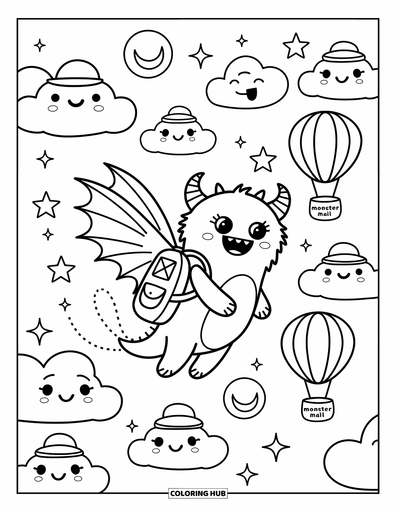 Dibujo de monstruo para colorear para adultos: Un monstruo alegre con alas vuela pasando estrellas y nubes con un rastro brillante