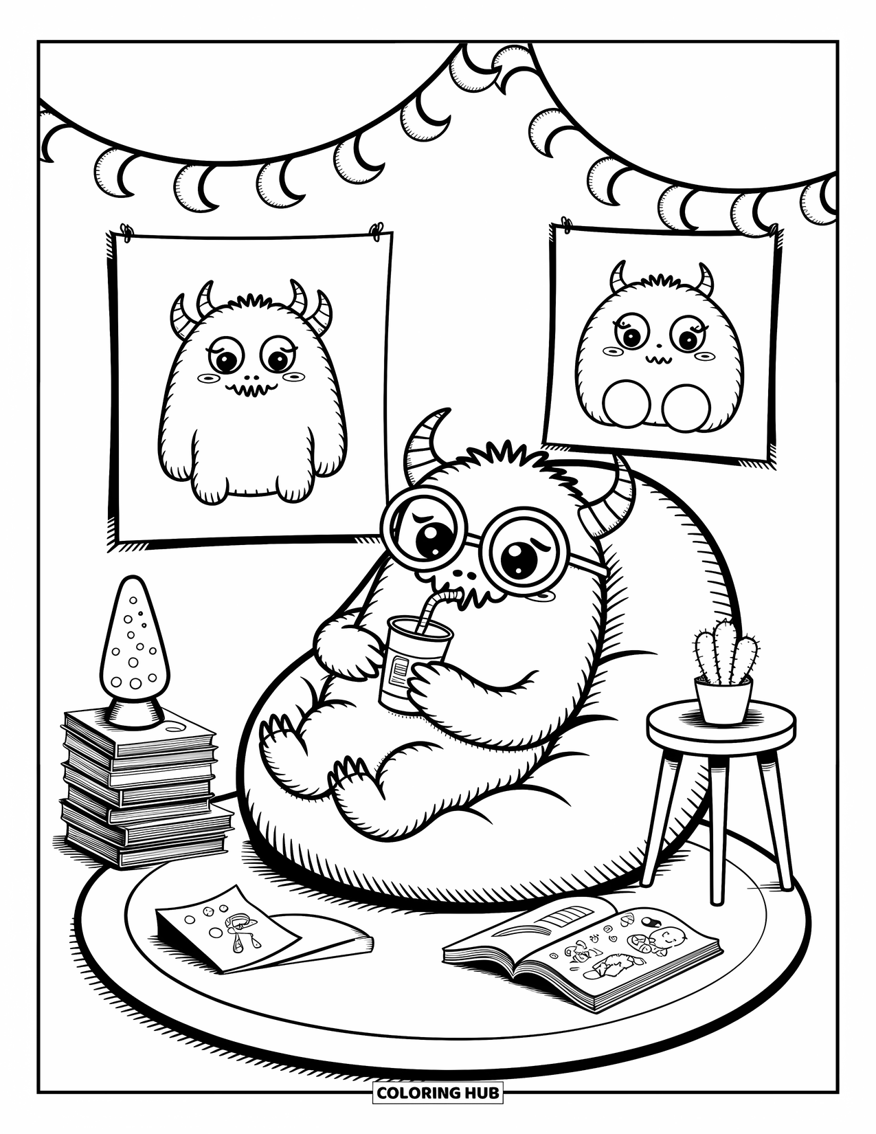 Dibujo de monstruo para colorear para adultos: Un monstruo acogedor sorbe de una pajita mientras está rodeado de cómics, lámparas de lava y almohadas suaves