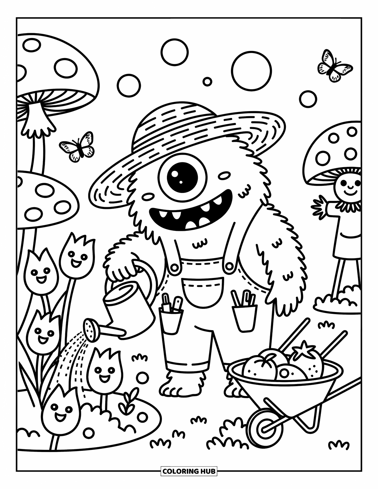 Dibujo de monstruo para colorear para adultos: Un monstruo esponjoso en overol cuida un jardín mágico con burbujas y mariposas