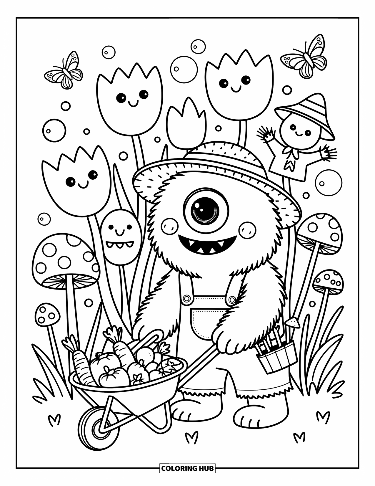 Dibujo de monstruo para colorear para adultos: Un monstruo esponjoso de un ojo cuida un jardín mágico con flores sonrientes y hongos gigantes