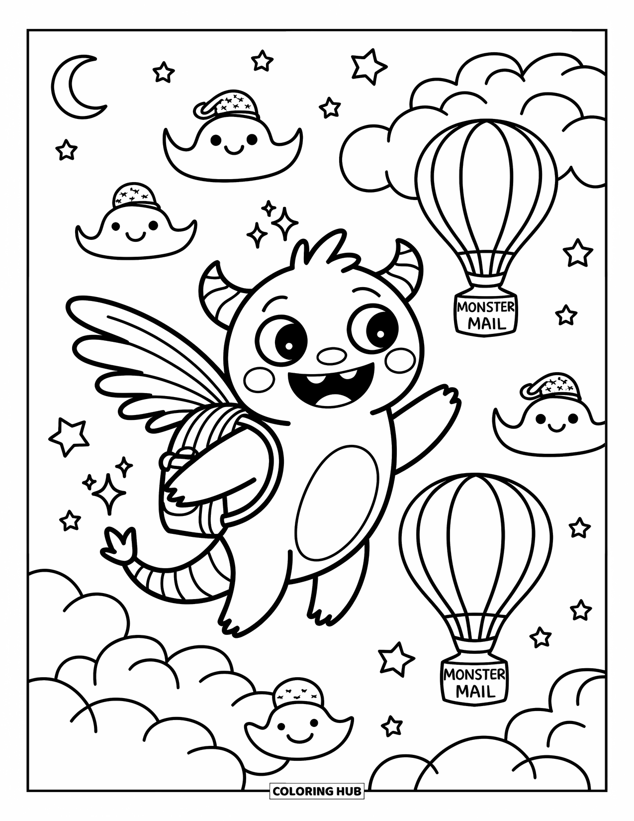 Dibujo de monstruo para colorear para adultos: Un monstruo volador entrega correo a través de un cielo lleno de estrellas y nubes sonrientes
