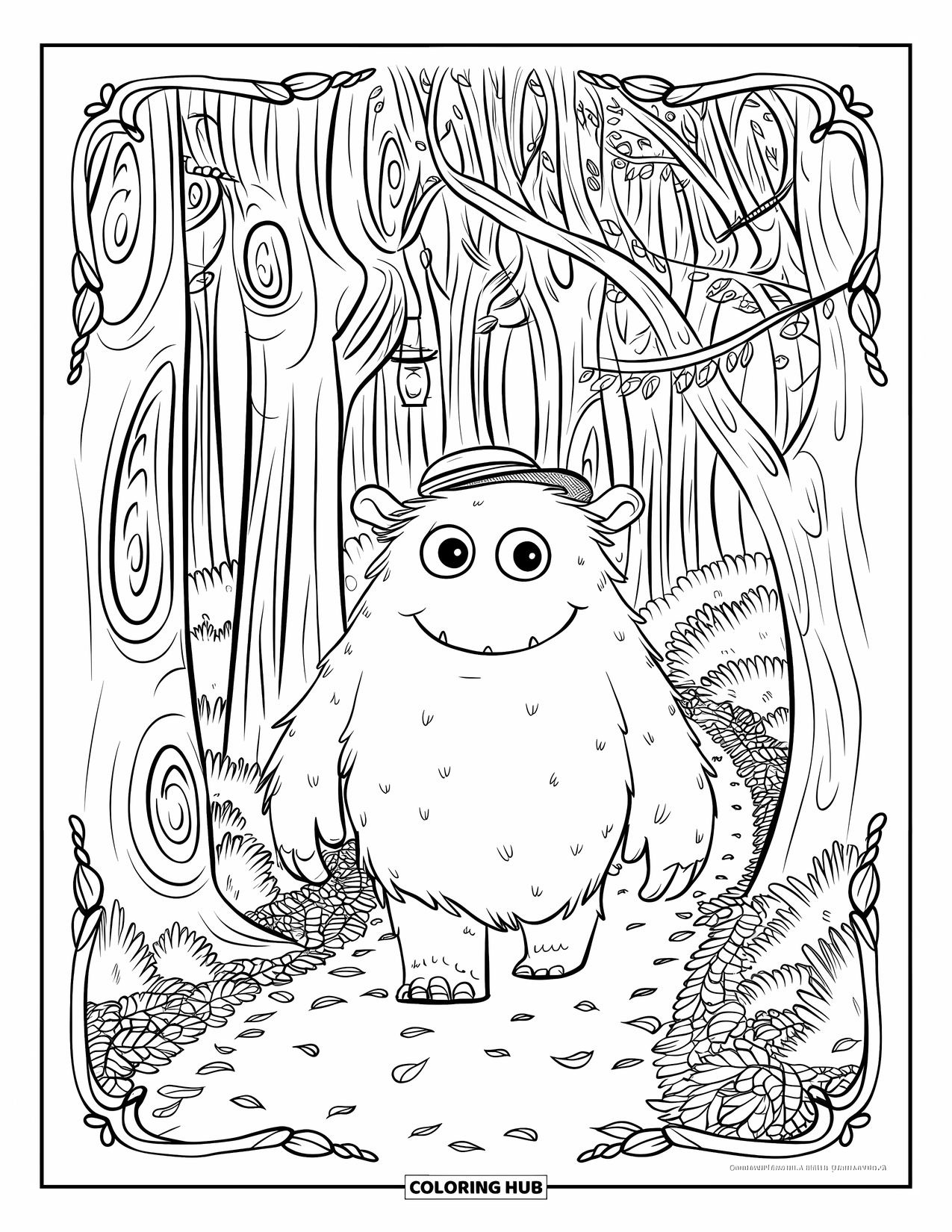 Dibujo de monstruo para colorear para adultos: Un monstruo gentil pasea por un sendero iluminado con linternas bordeado de altos árboles estampados