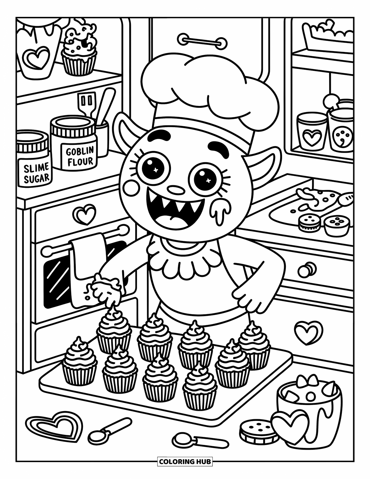 Dibujo de monstruo para colorear para adultos: Un monstruo hornea pastelitos con vapor de corazón, frascos tontos y tarros de galletas con forma de monstruo