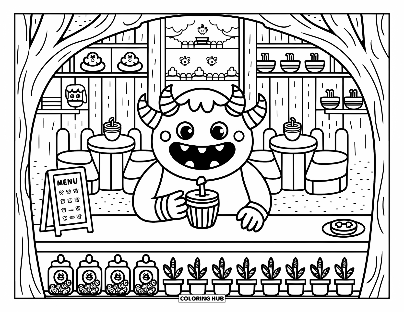 Dibujo de monstruo para colorear para adultos: Un monstruo barista sirve bebidas en un encantador café en un árbol lleno de pequeños detalles cálidos